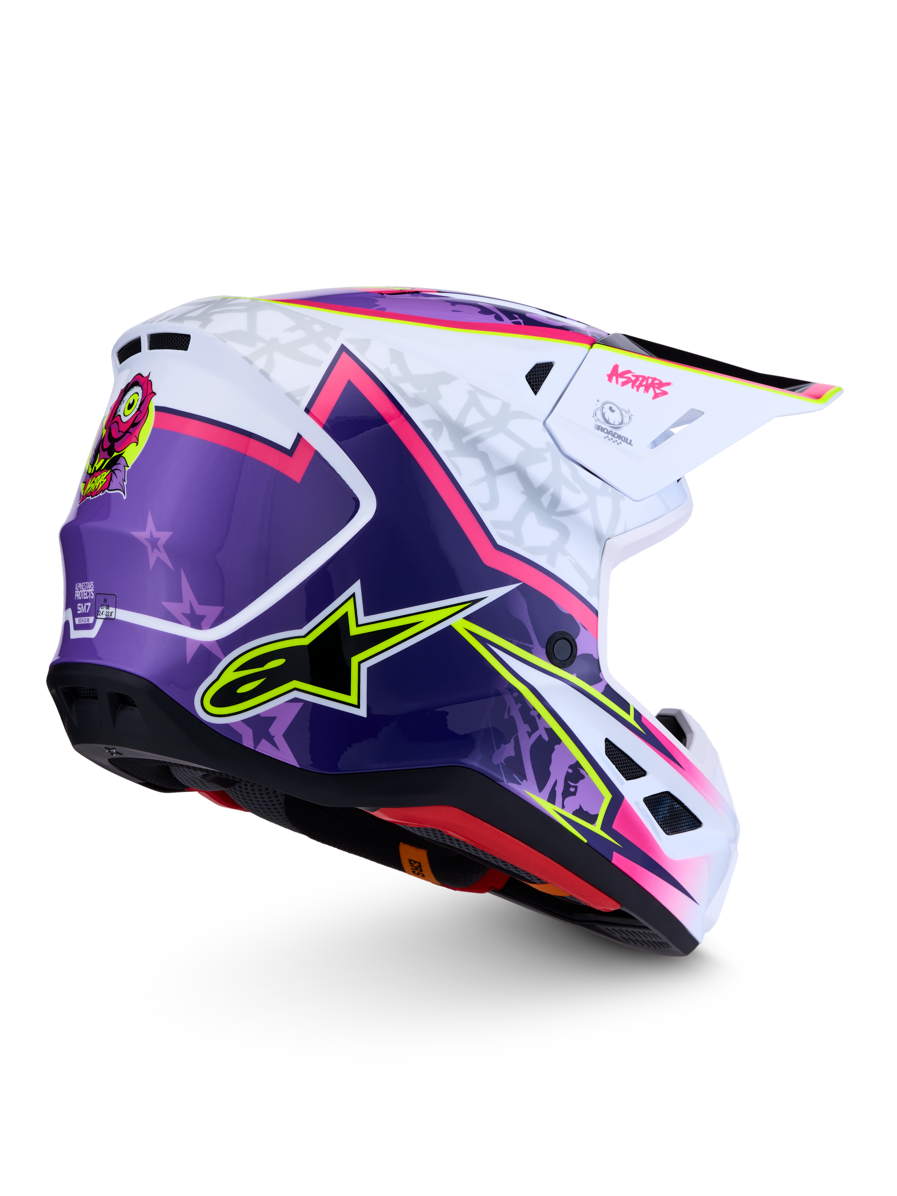 Alpinestars Casco S-M7 Blaster ECE06, casco da motocross e off-road, viola, rosa e bianco lucido, calotta aerodinamica, certificato ECE 22.06