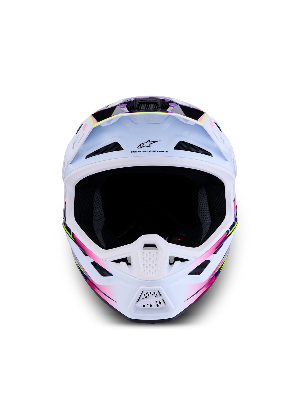 Alpinestars Casco S-M7 Blaster ECE06, casco da motocross bianco con grafiche lucide viola e rosa per corse off-road, certificato ECE 22.06