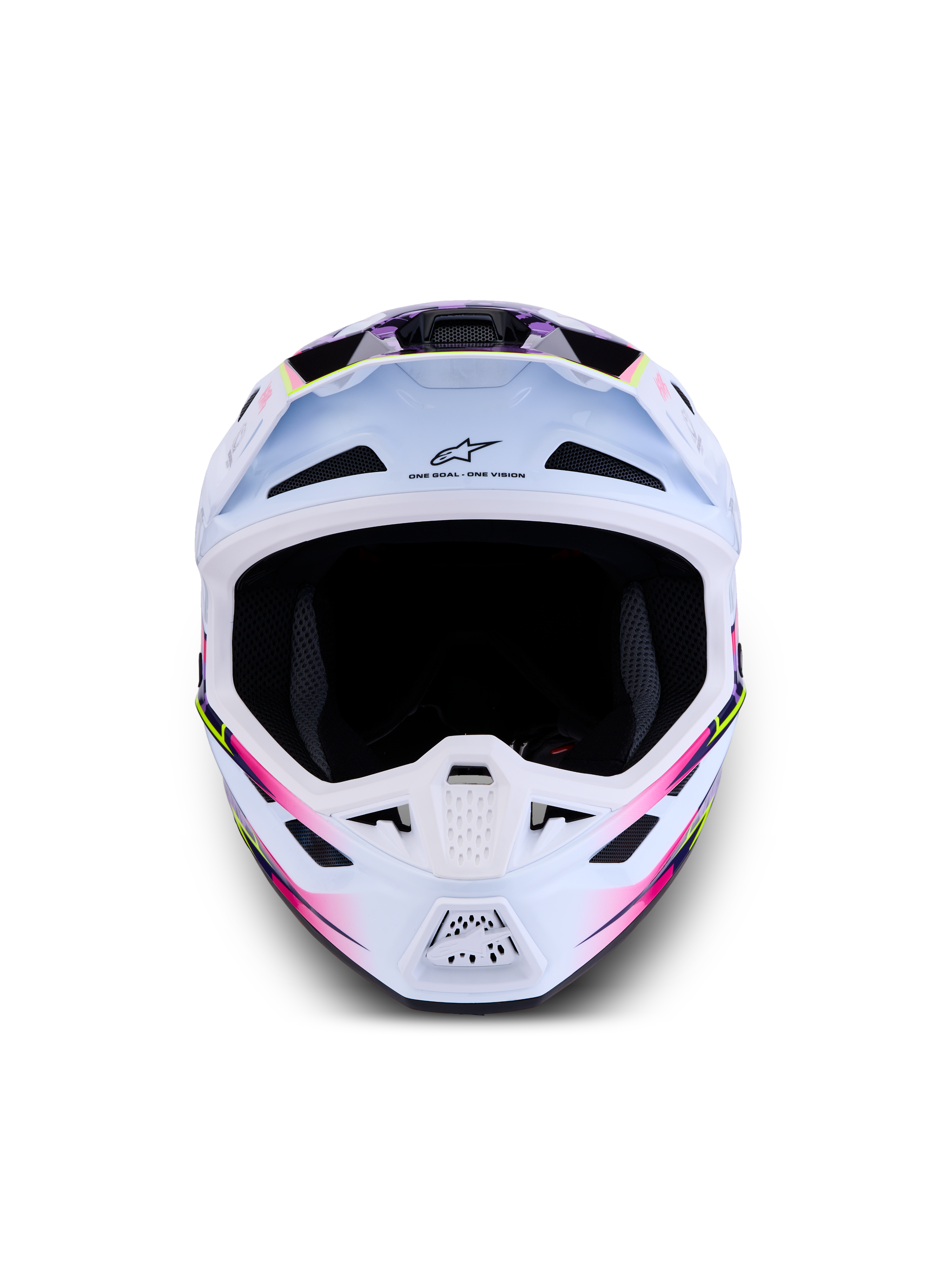 Alpinestars Casco S-M7 Blaster ECE06, casco da motocross bianco con grafiche lucide viola e rosa per corse off-road, certificato ECE 22.06