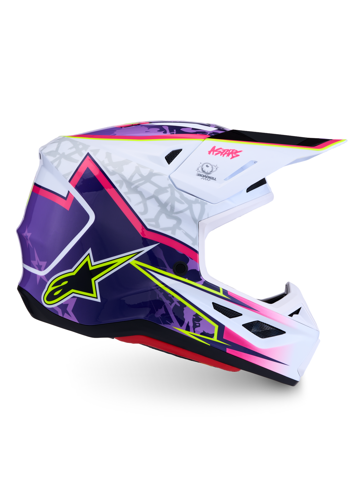 Alpinestars Casco S-M7 Blaster ECE06, casco da motocross professionale, viola, rosa e bianco lucido, calotta leggera in fibra composita per off-road, ventilazione avanzata, certificato ECE 22.06