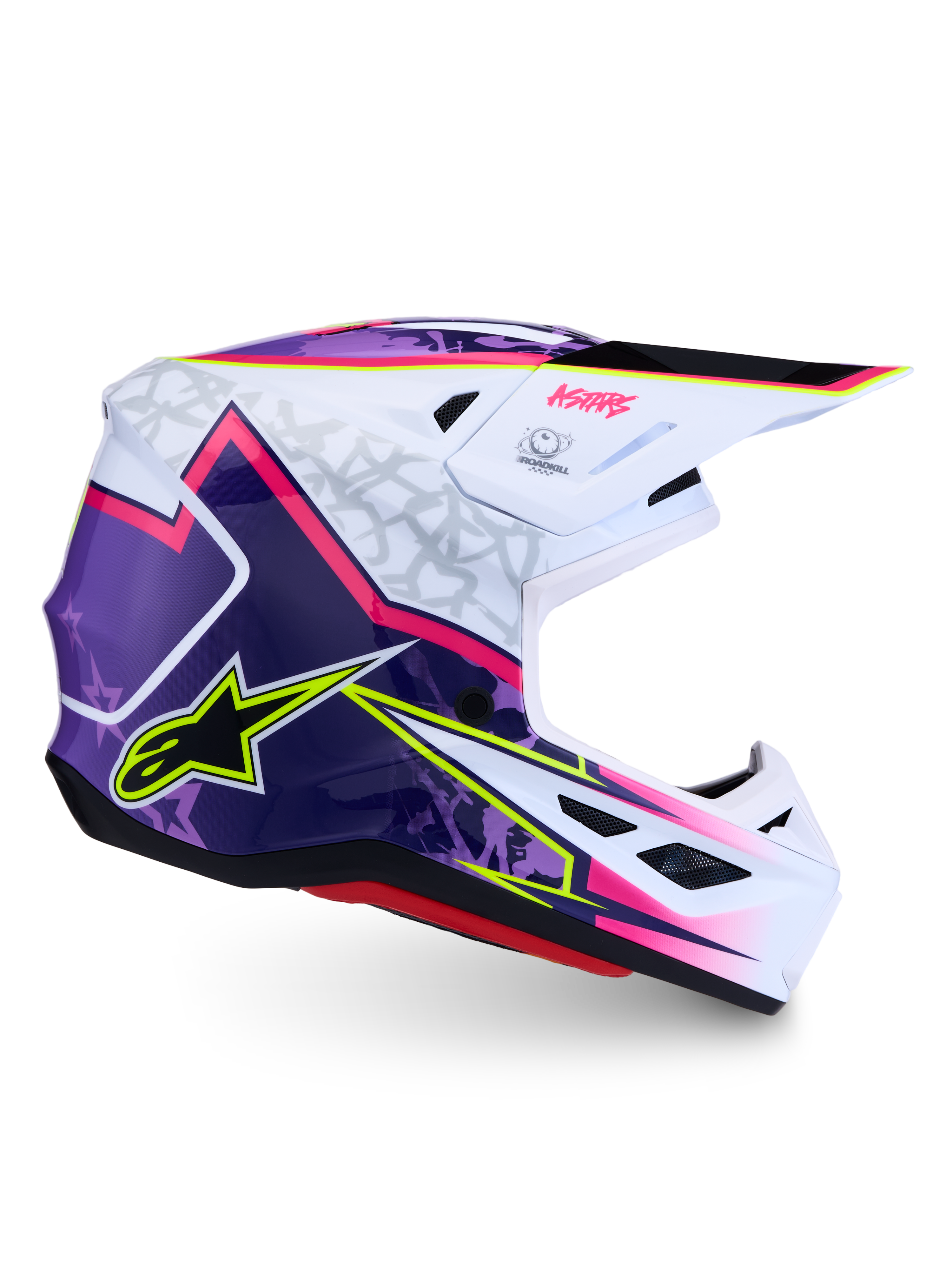 Alpinestars Casco S-M7 Blaster ECE06, casco da motocross professionale, viola, rosa e bianco lucido, calotta leggera in fibra composita per off-road, ventilazione avanzata, certificato ECE 22.06