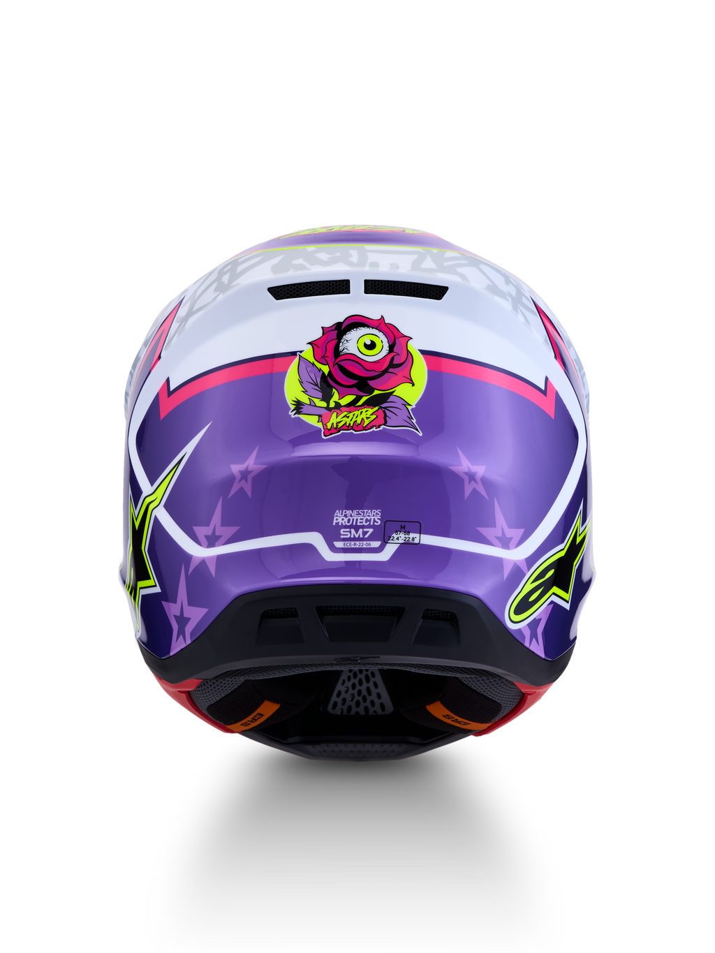 Casco Alpinestars S-M7 Blaster ECE06, casco motocross viola e rosa lucido con grafica a rosa e stelle, certificato ECE 22.06.
