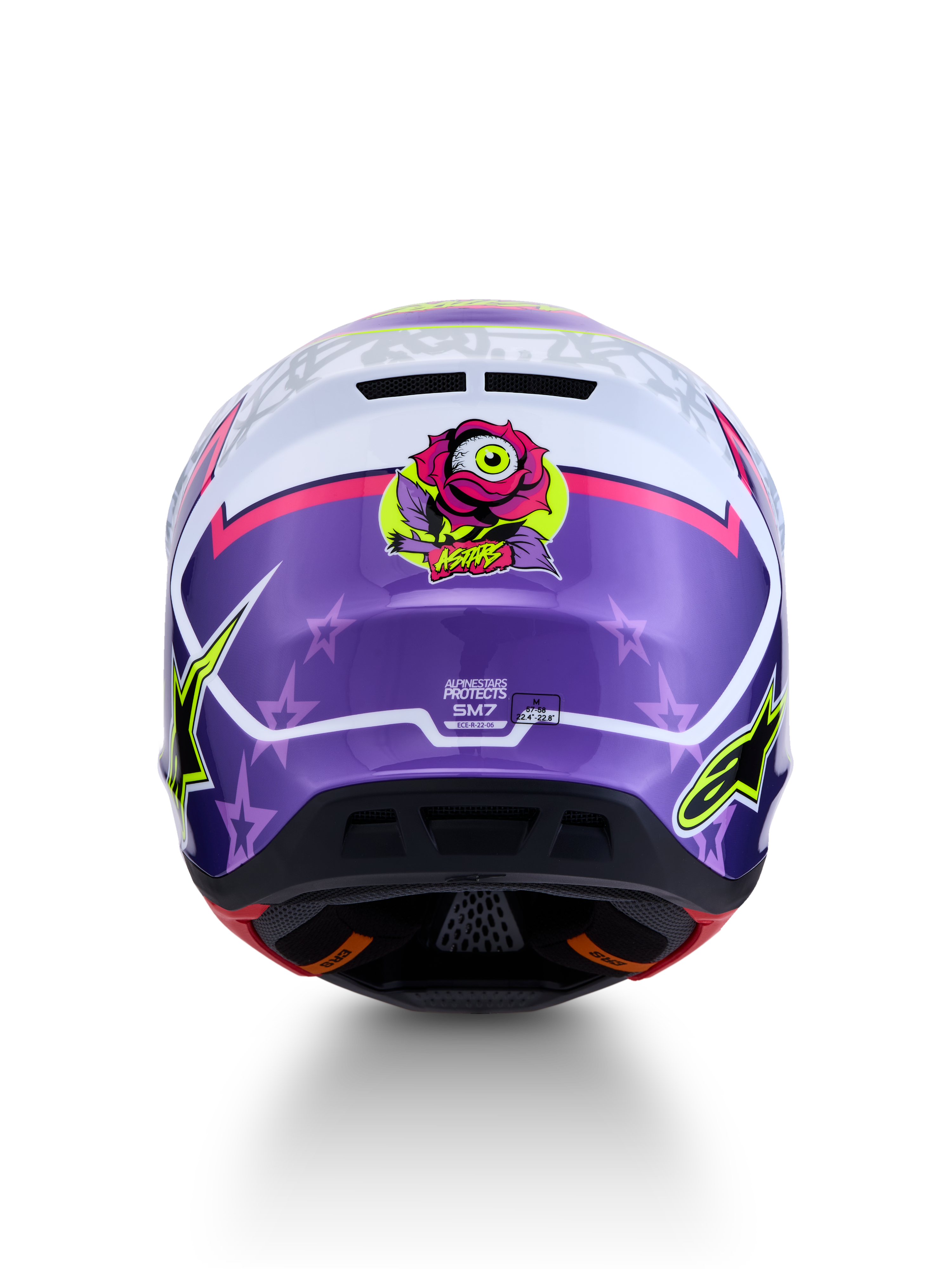 Casco Alpinestars S-M7 Blaster ECE06, casco motocross viola e rosa lucido con grafica a rosa e stelle, certificato ECE 22.06.