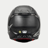 Casco Alpinestars Supertech M10 Fame ECE 22.06, vista posteriore, Nero Carbonio Opaco e Lucido, con trama in fibra di carbonio a vista, prese d'aria in rete, etichette di certificazione MIPS ed ECE e logo Alpinestars.