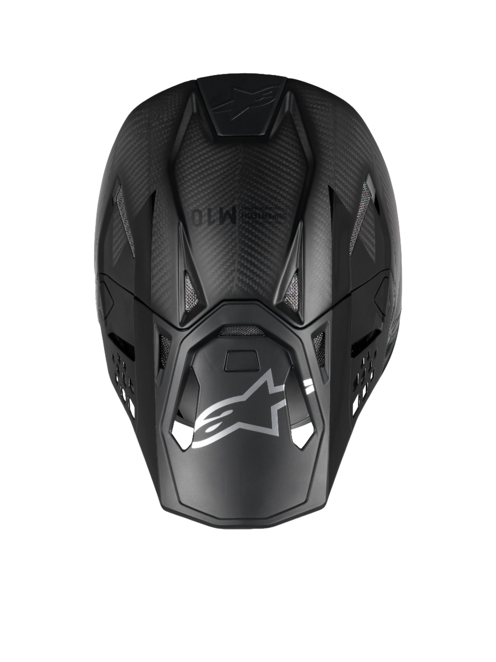 Alpinestars Casco Supertech M10 Fame ECE 22.06, vista dall'alto, nero carbonio opaco e lucido, fibra di carbonio 3K.