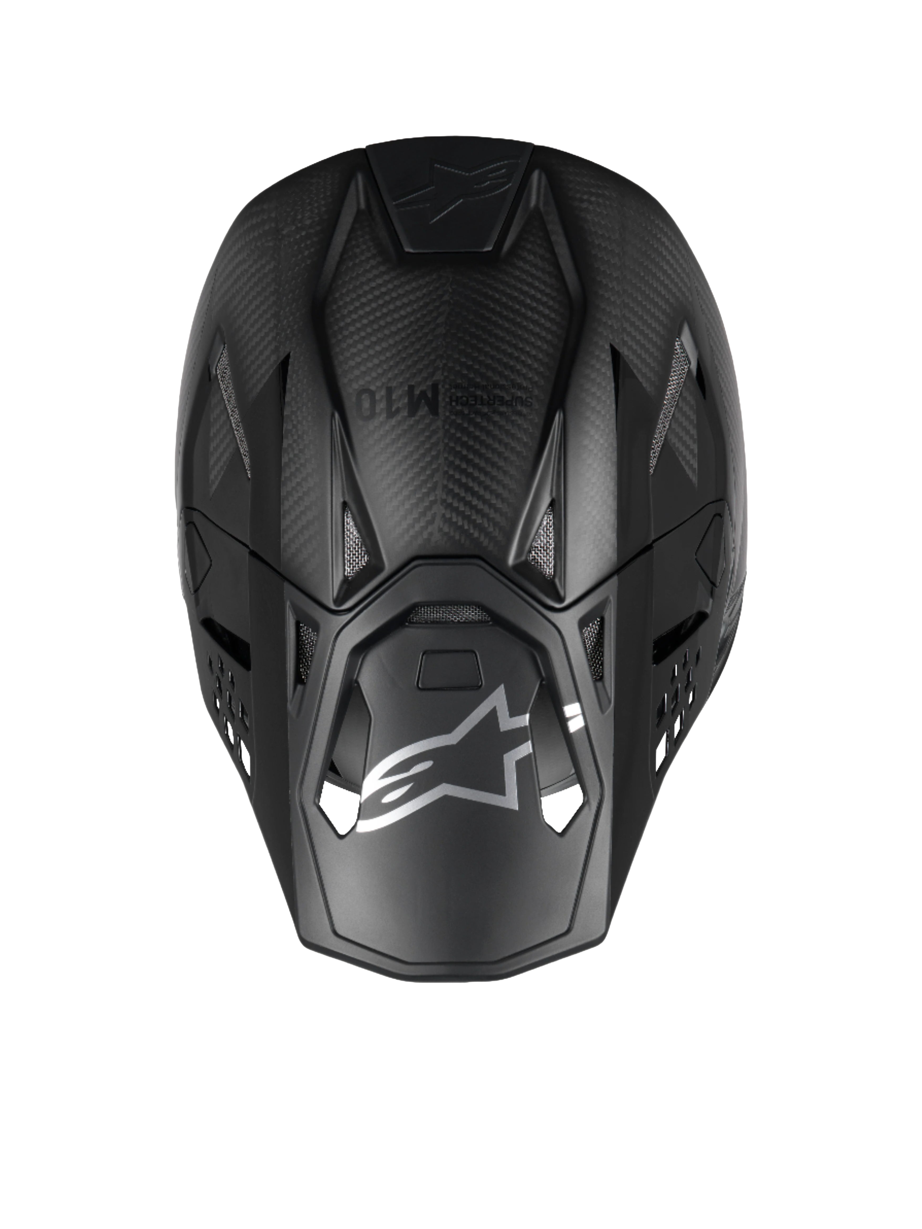 Alpinestars Casco Supertech M10 Fame ECE 22.06, vista dall'alto, nero carbonio opaco e lucido, fibra di carbonio 3K.