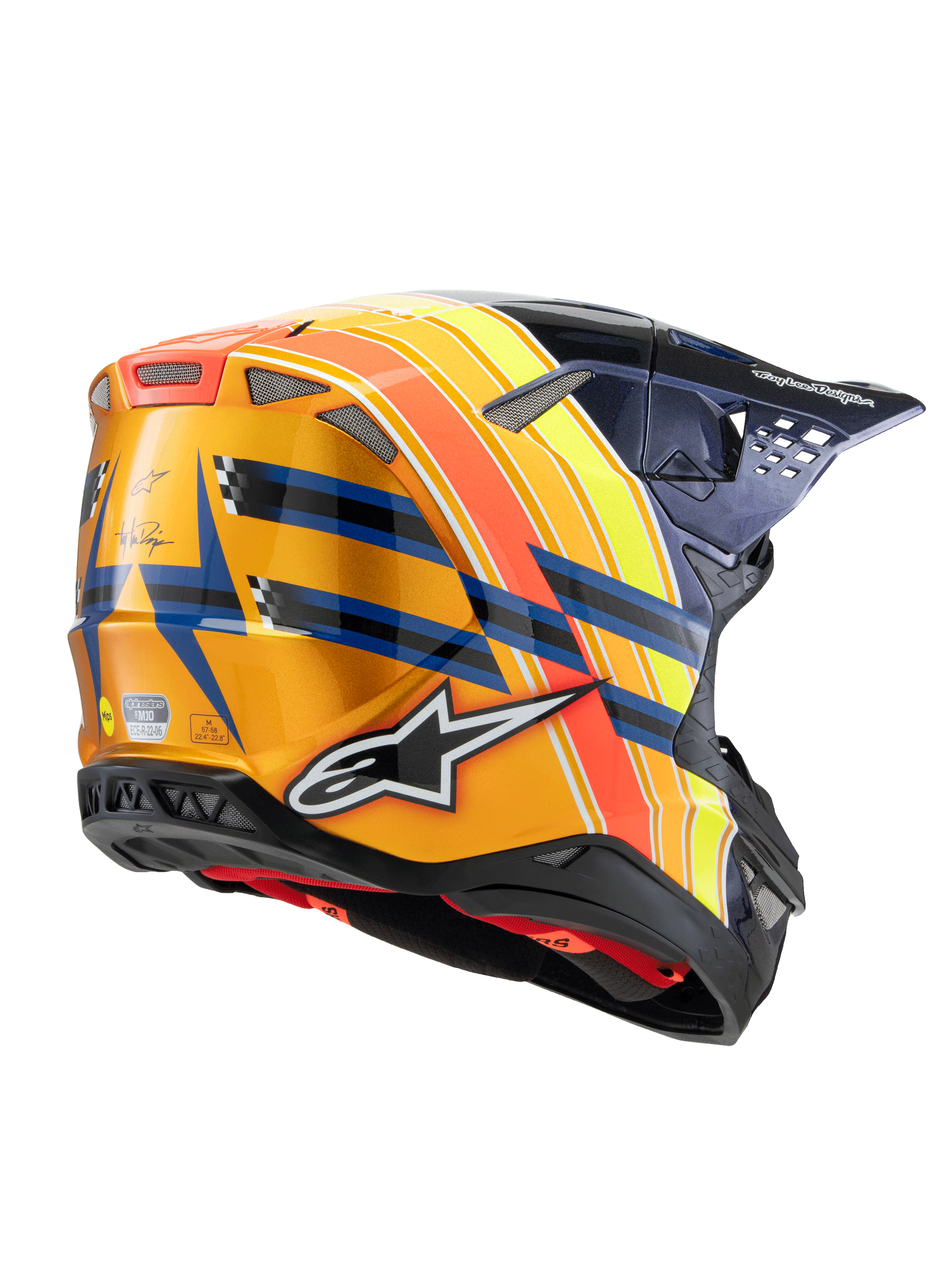 Casco Alpinestars Supertech M10 TLD Edition 25, casco da motocross, blu scuro, arancione e giallo fluo con rosso, vista posteriore a tre quarti che mostra la finitura lucida, logo Alpinestars in evidenza, marchio Troy Lee Designs e prese d'aria integrate.