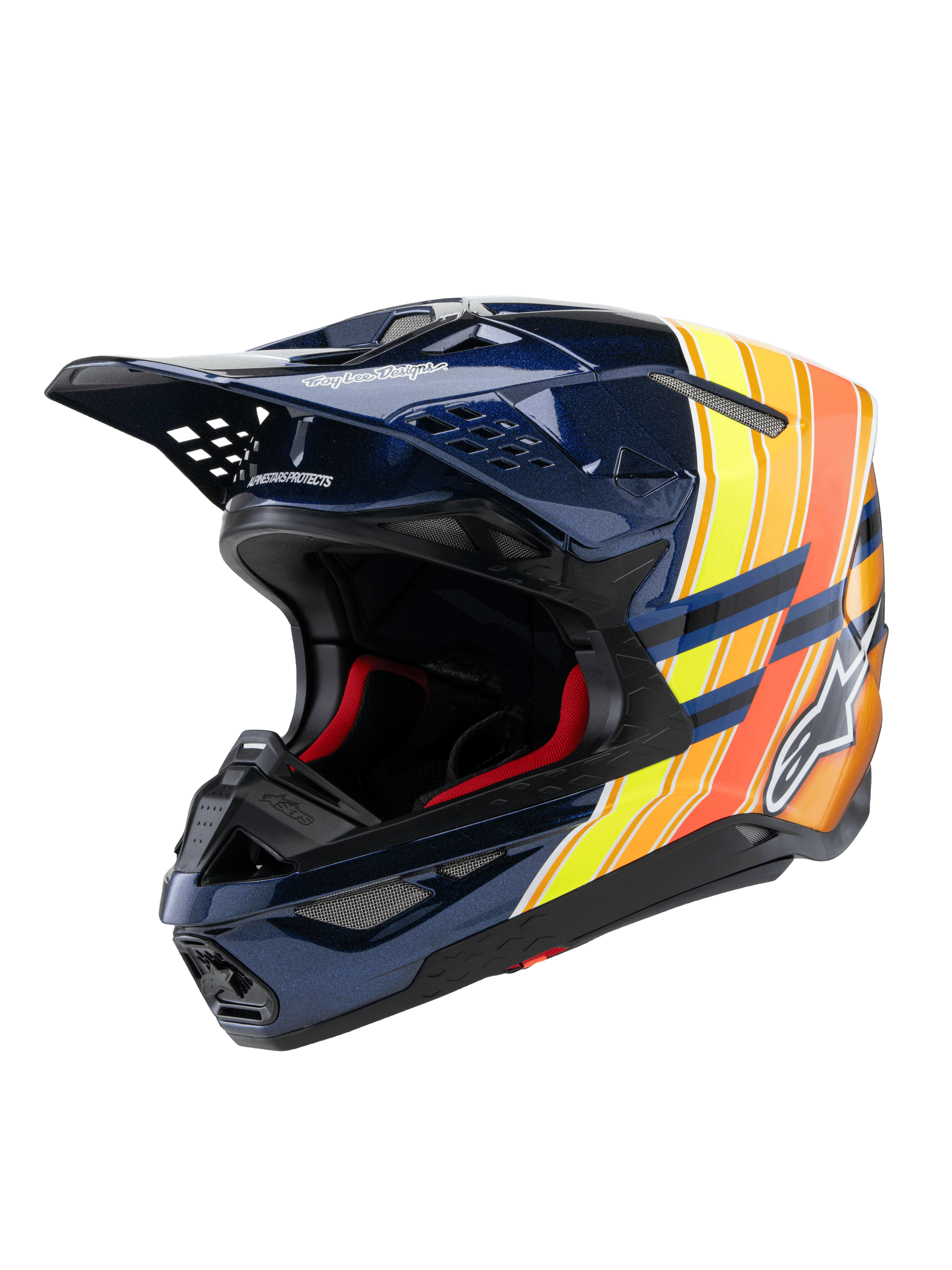 Casco Alpinestars Supertech M10 TLD Edition 25, casco da motocross, blu scuro lucido con grafiche arancioni e giallo fluo, imbottitura interna rossa, calotta aerodinamica con numerose prese d'aria, logo Troy Lee Designs sulla visiera, equipaggiamento professionale per fuoristrada