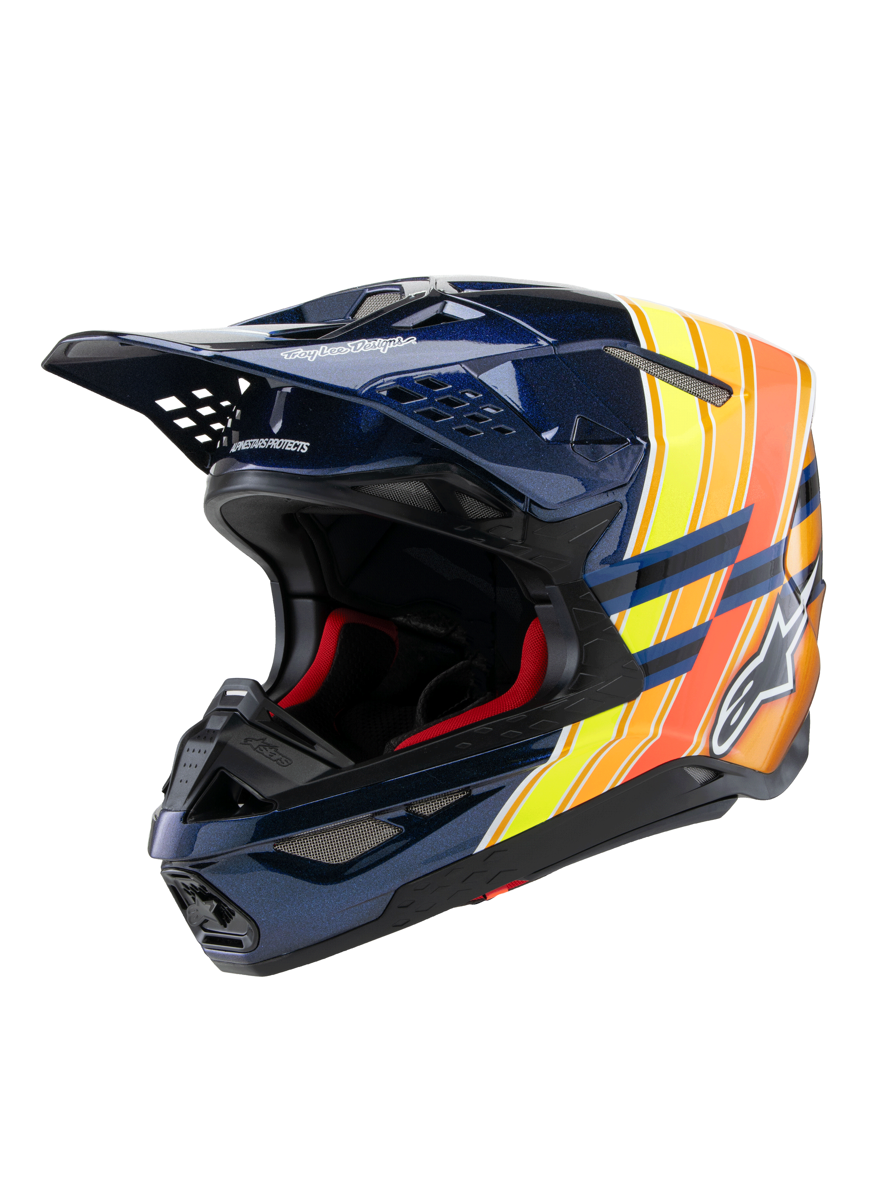 Casco Alpinestars Supertech M10 TLD Edition 25, casco da motocross, blu scuro lucido con grafiche arancioni e giallo fluo, imbottitura interna rossa, calotta aerodinamica con numerose prese d'aria, logo Troy Lee Designs sulla visiera, equipaggiamento professionale per fuoristrada