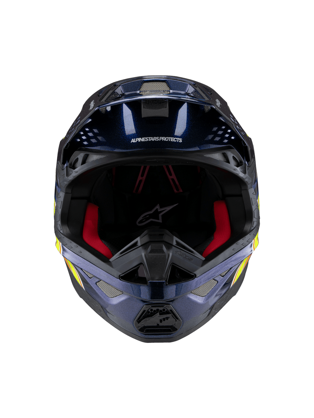 Casco Alpinestars Supertech M10 TLD Edition 25, casco da motocross, blu scuro metallizzato lucido con imbottitura interna rossa, vista frontale con rete di ventilazione e grafiche laterali in giallo e arancione, protezione premium per competizioni off-road