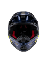 Casco Alpinestars Supertech M10 TLD Edition 25, casco da motocross, blu scuro metallizzato lucido con imbottitura interna rossa, vista frontale con rete di ventilazione e grafiche laterali in giallo e arancione, protezione premium per competizioni off-road