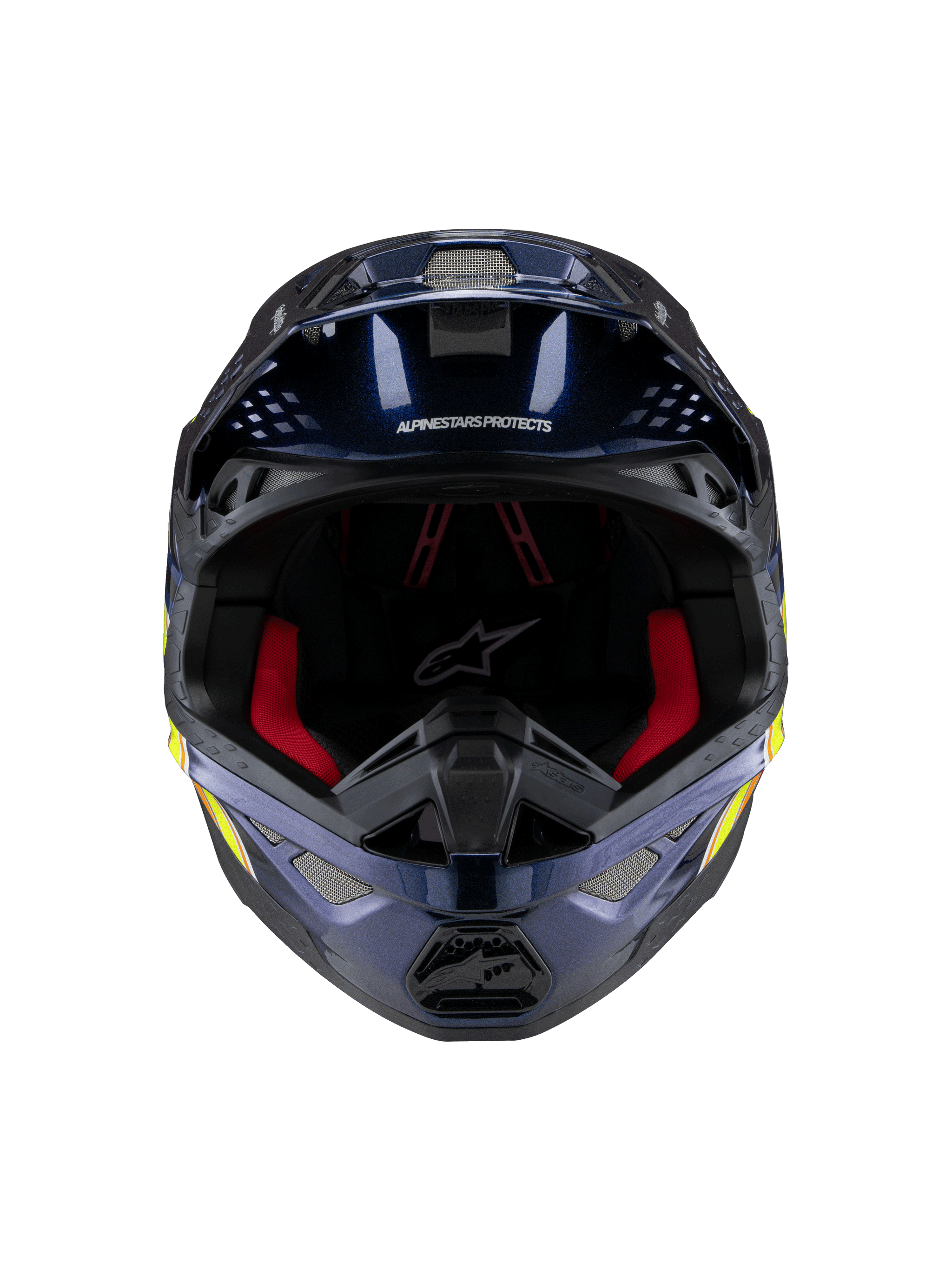 Casco Alpinestars Supertech M10 TLD Edition 25, casco da motocross, blu scuro metallizzato lucido con imbottitura interna rossa, vista frontale con rete di ventilazione e grafiche laterali in giallo e arancione, protezione premium per competizioni off-road