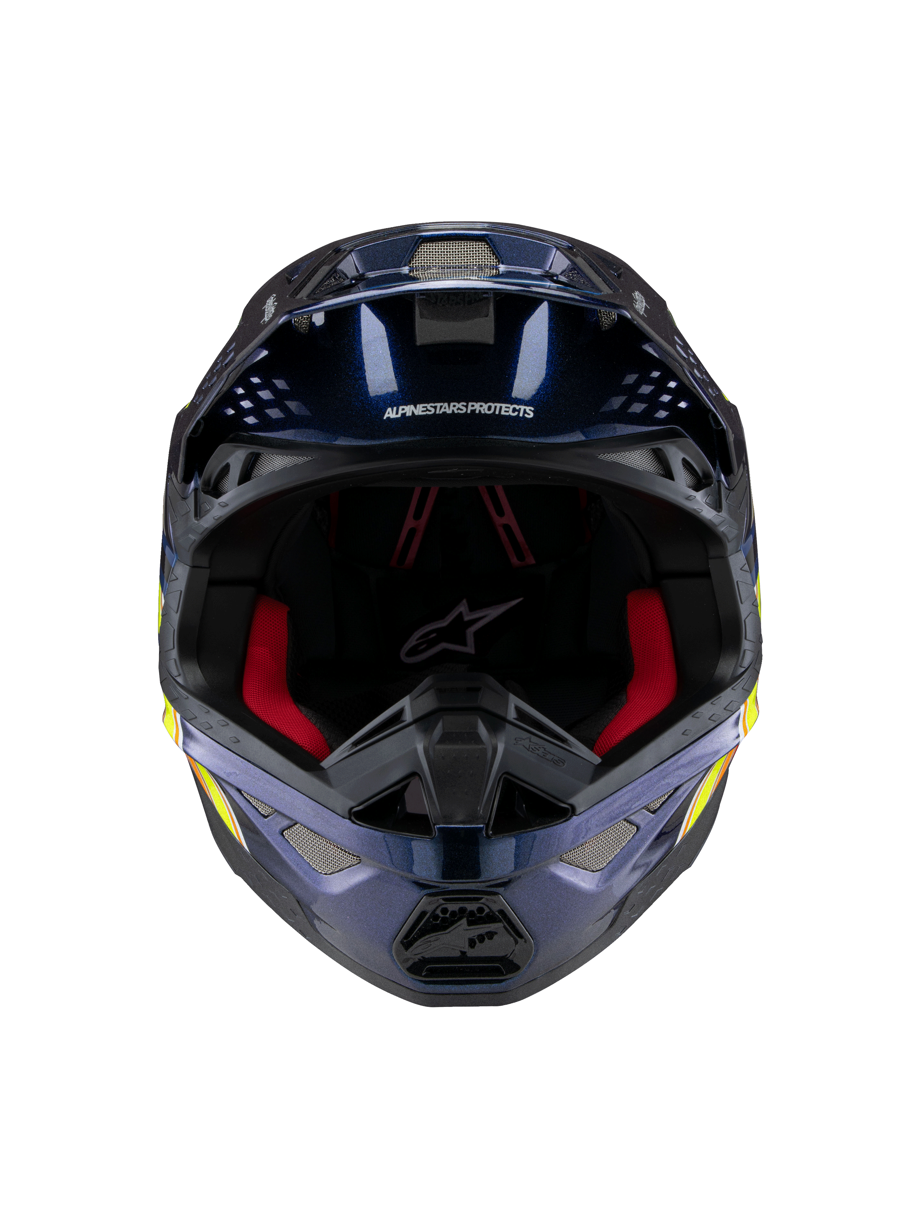 Casco Alpinestars Supertech M10 TLD Edition 25, casco da motocross, blu scuro metallizzato lucido con imbottitura interna rossa, vista frontale con rete di ventilazione e grafiche laterali in giallo e arancione, protezione premium per competizioni off-road