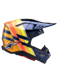 Casco Alpinestars Supertech M10 TLD Edition 25, casco da motocross, blu metallizzato scuro con vivaci strisce arancioni, gialle e rosse, vista laterale di profilo, finitura lucida con branding Alpinestars e Troy Lee Designs, calotta aerodinamica con molteplici prese d'aria a rete per gare fuori strada