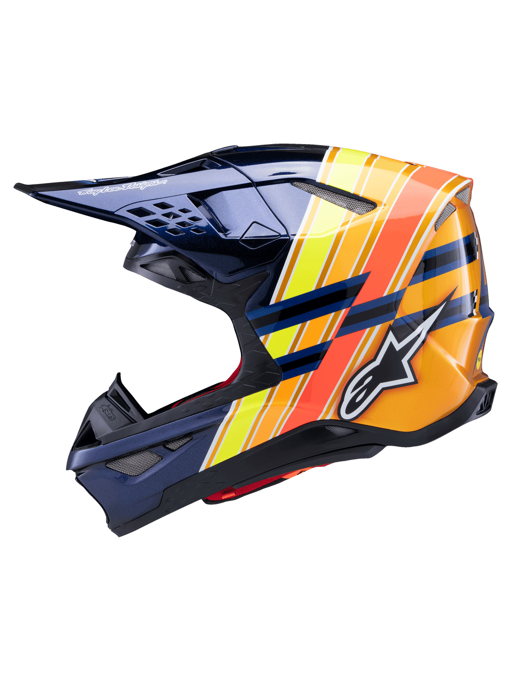Casco Alpinestars Supertech M10 TLD Edition 25, profilo laterale, blu scuro lucido con strisce grafiche arancione vibrante, giallo e rosso fluorescente, con logo Alpinestars bianco e marchio Troy Lee Designs, casco da motocross avanzato per prestazioni fuoristrada