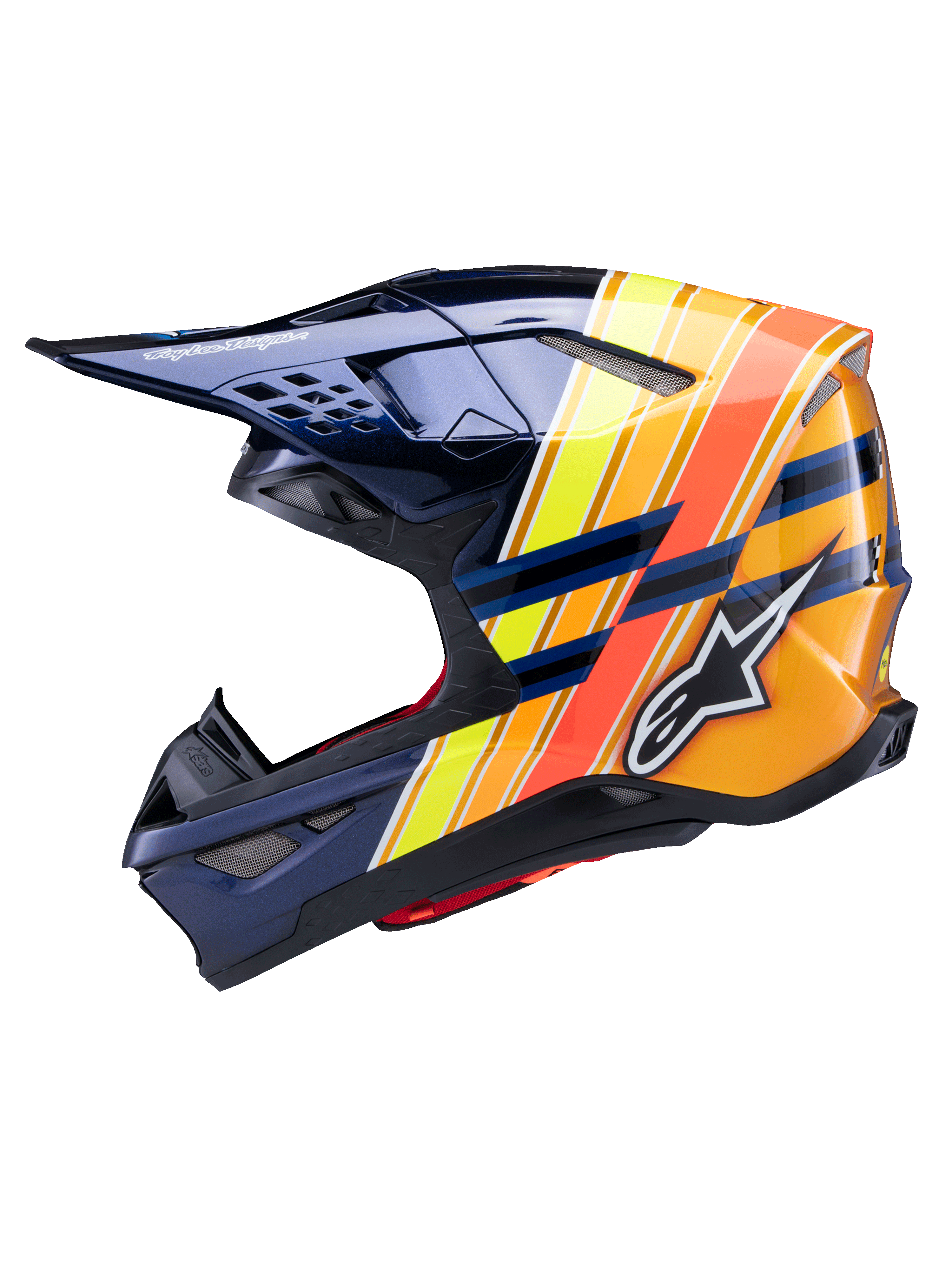 Casco Alpinestars Supertech M10 TLD Edition 25, profilo laterale, blu scuro lucido con strisce grafiche arancione vibrante, giallo e rosso fluorescente, con logo Alpinestars bianco e marchio Troy Lee Designs, casco da motocross avanzato per prestazioni fuoristrada