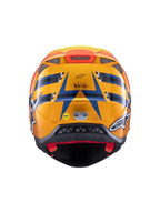 Alpinestars Supertech M10 TLD Edition 25 Helmet, casco da motocross, vista posteriore, arancione lucido e blu con accenti giallo fluorescente e rosso, con branding Troy Lee Designs e sistema di sicurezza MIPS, design aerodinamico con prese di scarico