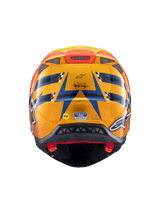 Alpinestars Supertech M10 TLD Edition 25 Helmet, casco da motocross, vista posteriore, arancione lucido e blu con accenti giallo fluorescente e rosso, con branding Troy Lee Designs e sistema di sicurezza MIPS, design aerodinamico con prese di scarico