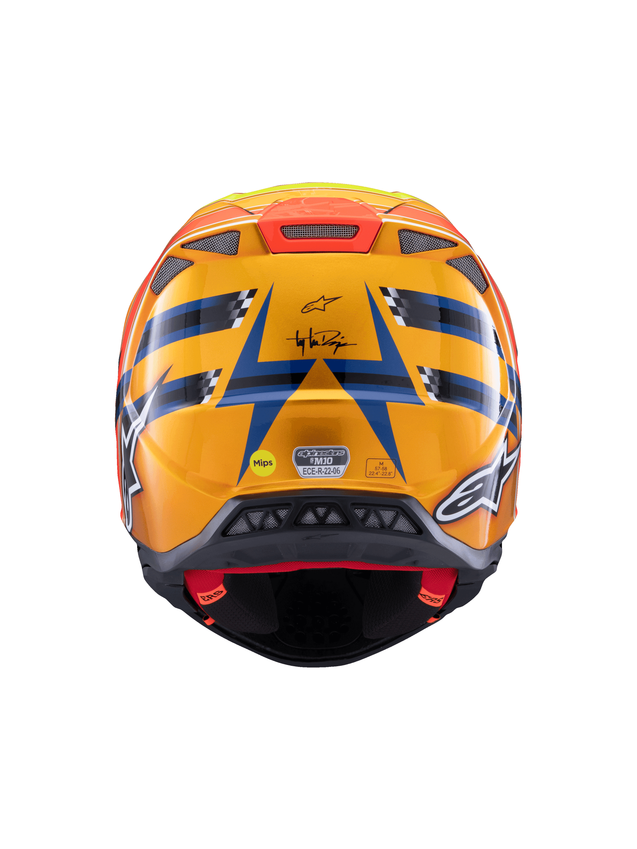 Alpinestars Supertech M10 TLD Edition 25 Helmet, casco da motocross, vista posteriore, arancione lucido e blu con accenti giallo fluorescente e rosso, con branding Troy Lee Designs e sistema di sicurezza MIPS, design aerodinamico con prese di scarico