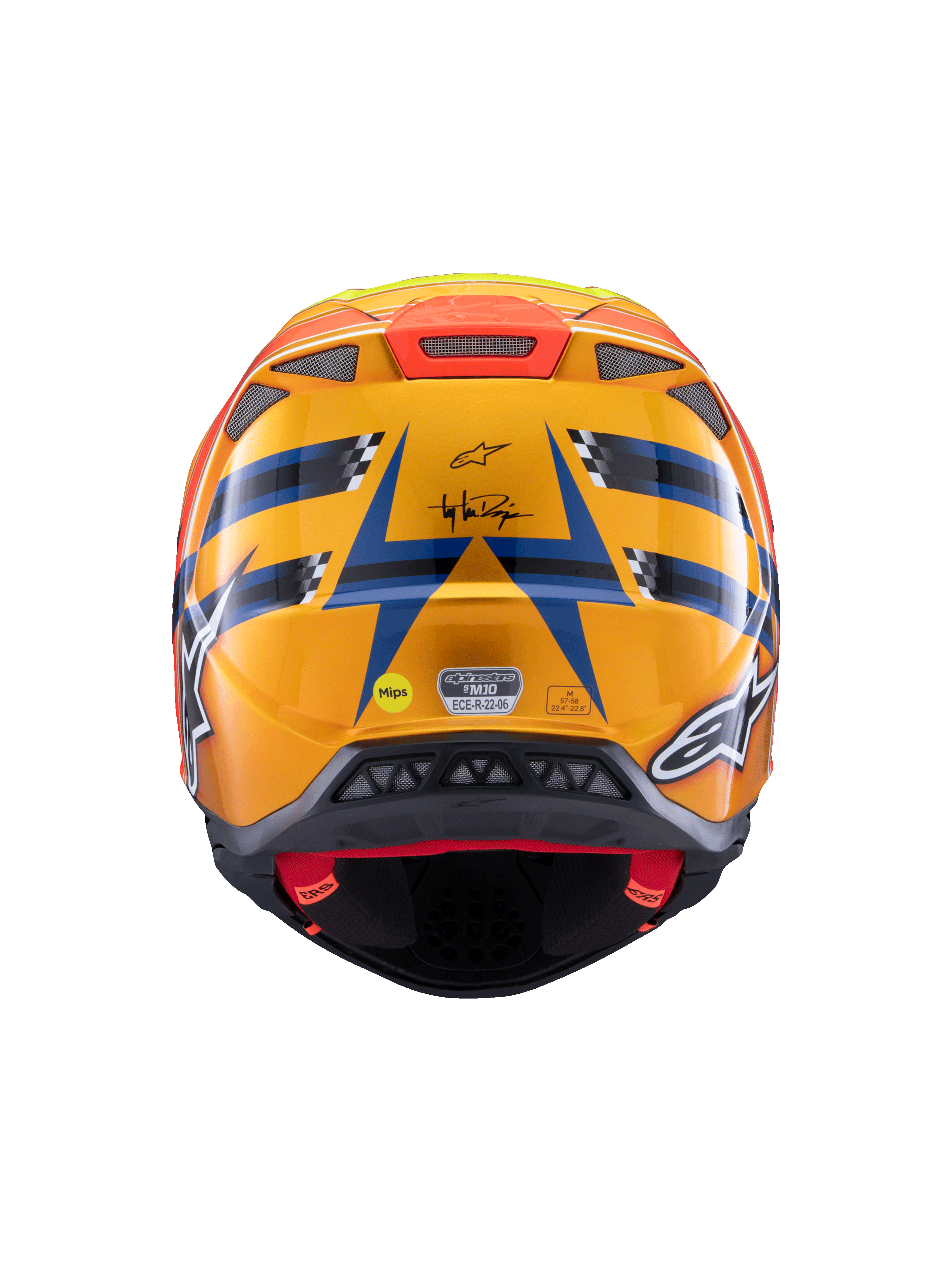 Alpinestars Supertech M10 TLD Edition 25 Helmet, casco da motocross, vista posteriore, arancione lucido e blu con accenti giallo fluorescente e rosso, con branding Troy Lee Designs e sistema di sicurezza MIPS, design aerodinamico con prese di scarico