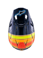 Casco Alpinestars Supertech M10 TLD Edition 25, casco da motocross, blu scuro lucido con strisce arancioni, giallo fluo e rosse, vista dall'alto che mostra la visiera con logo Astar e prese d'aria in mesh, equipaggiamento professionale per competizioni fuoristrada