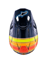Casco Alpinestars Supertech M10 TLD Edition 25, casco da motocross, blu scuro lucido con strisce arancioni, giallo fluo e rosse, vista dall'alto che mostra la visiera con logo Astar e prese d'aria in mesh, equipaggiamento professionale per competizioni fuoristrada