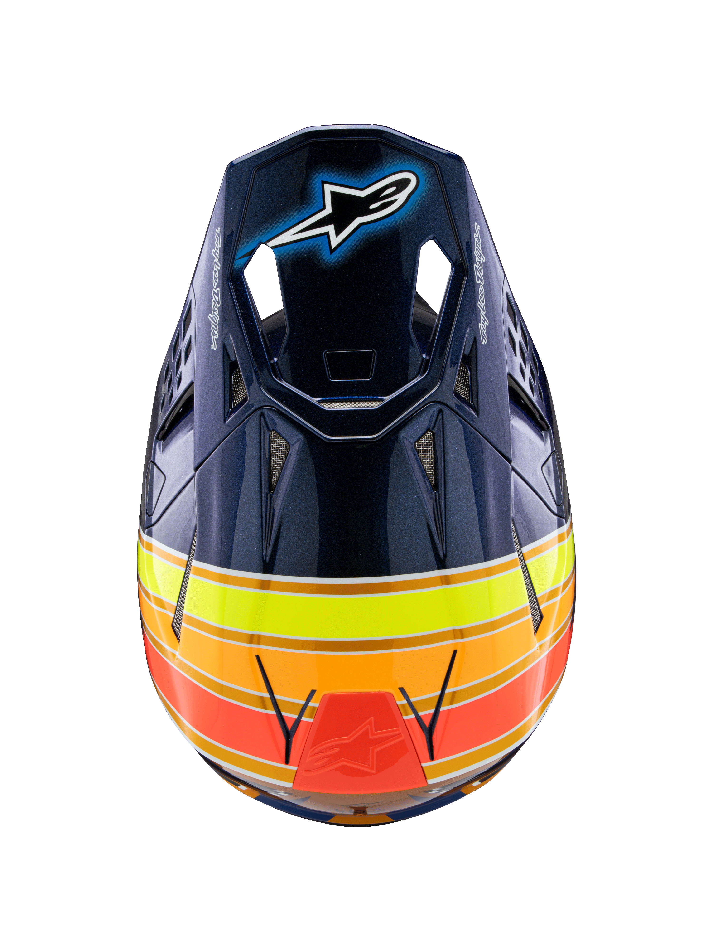 Casco Alpinestars Supertech M10 TLD Edition 25, casco da motocross, blu scuro lucido con strisce arancioni, giallo fluo e rosse, vista dall'alto che mostra la visiera con logo Astar e prese d'aria in mesh, equipaggiamento professionale per competizioni fuoristrada