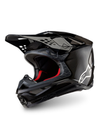 Alpinestars Casco Supertech M10 Fame ECE 22.06, casco da motocross racing in carbonio 3K nero opaco e lucido con logo bianco.