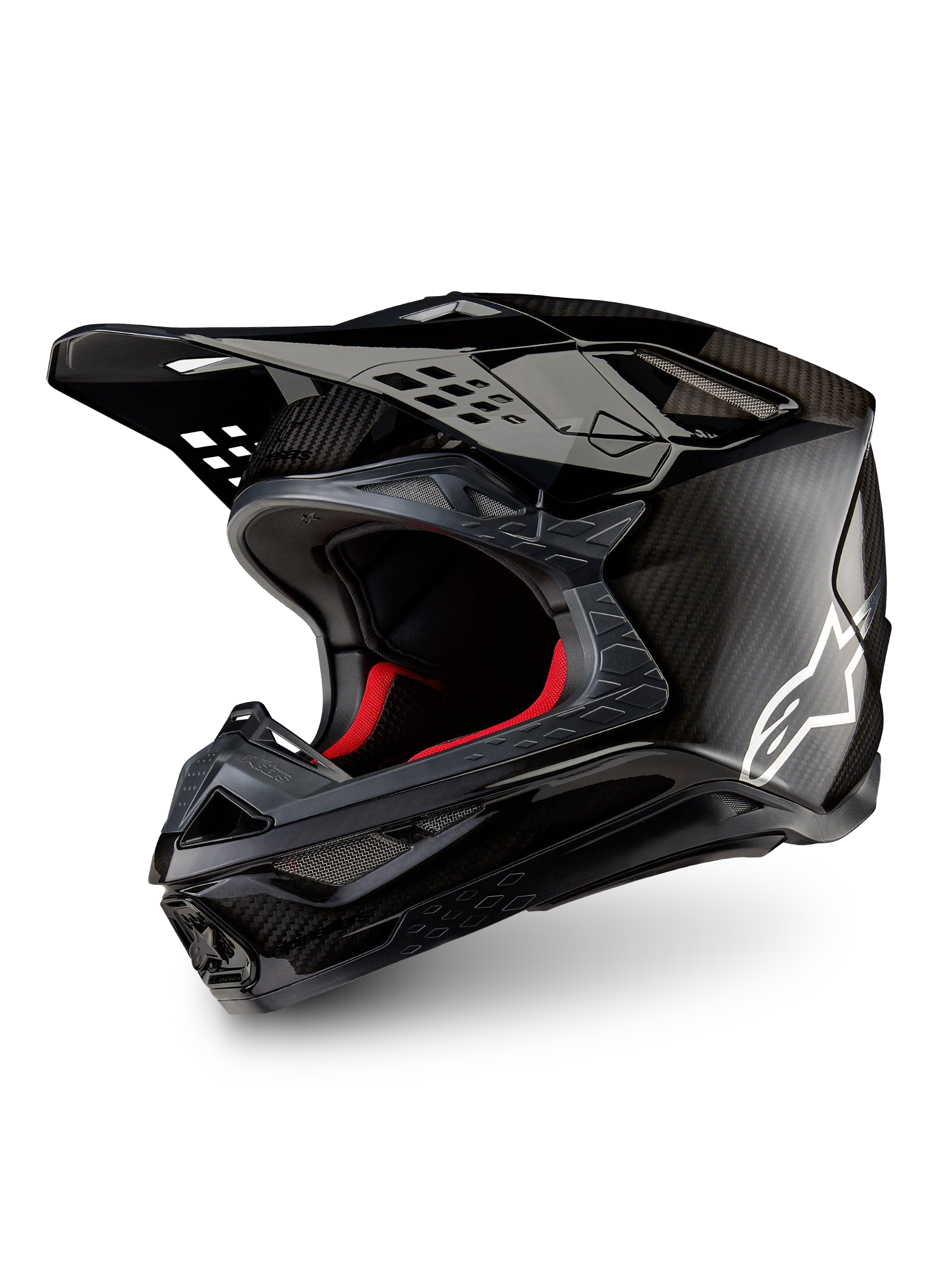 Alpinestars Casco Supertech M10 Fame ECE 22.06, casco da motocross racing in carbonio 3K nero opaco e lucido con logo bianco.