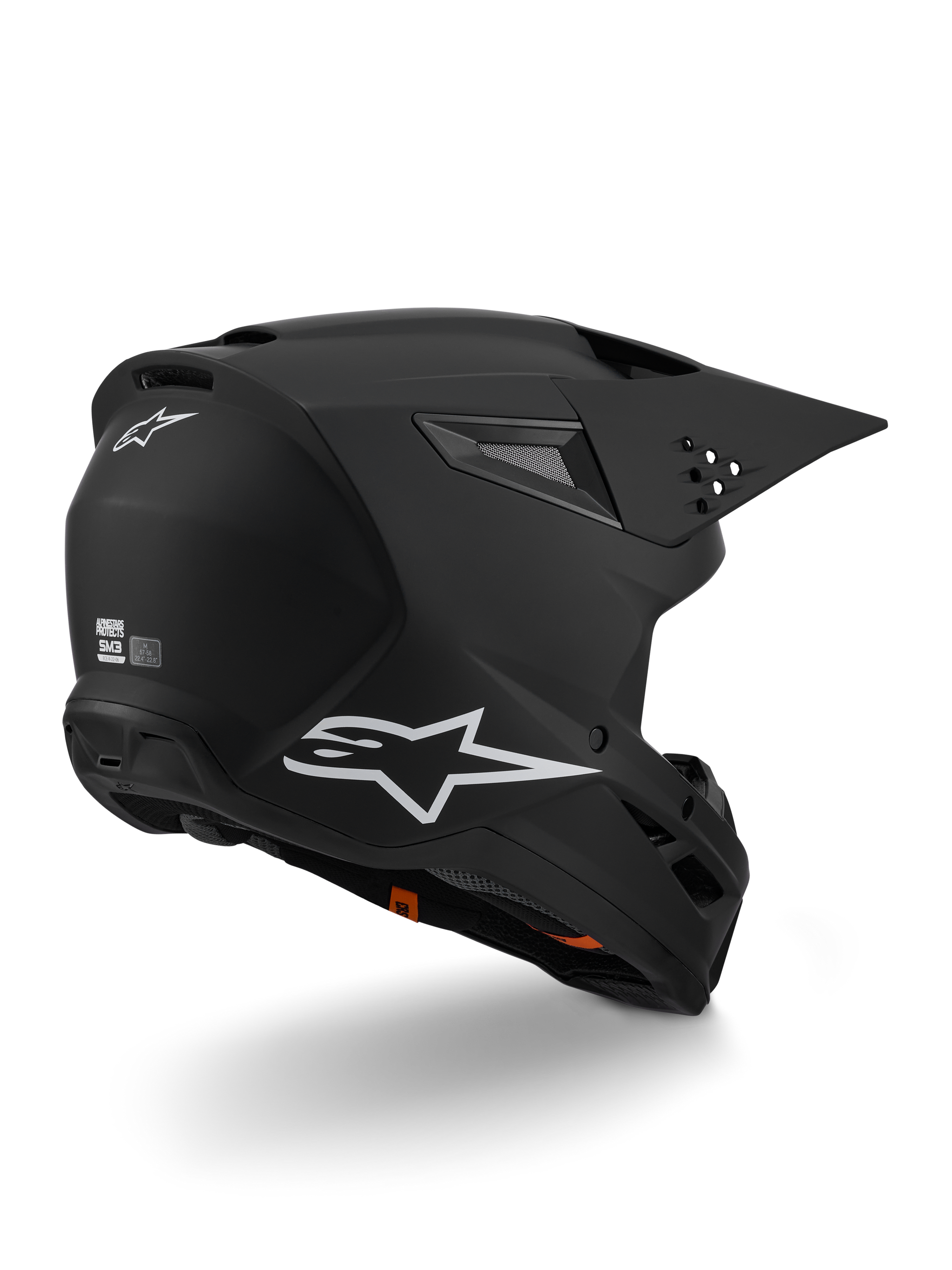 Alpinestars S-M3 Solid Helmet ECE 22.06, casco da motocross, nero opaco con logo Alpinestars bianco sul lato e sul retro, calotta aerodinamica con porte di ventilazione integrate e visiera a sgancio rapido, progettato per il racing off-road