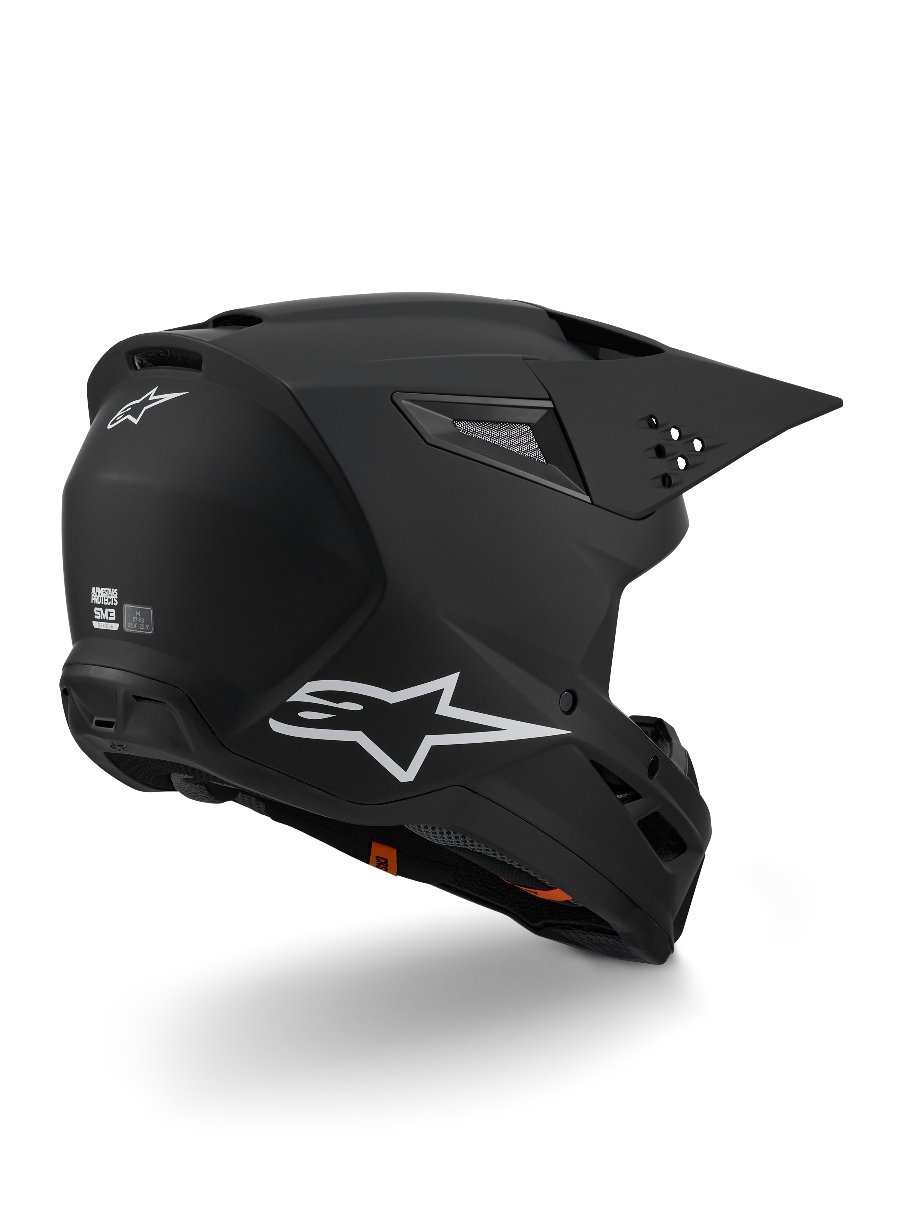 Alpinestars S-M3 Solid Helmet ECE 22.06, casco da motocross, nero opaco con logo Alpinestars bianco sul lato e sul retro, calotta aerodinamica con porte di ventilazione integrate e visiera a sgancio rapido, progettato per il racing off-road