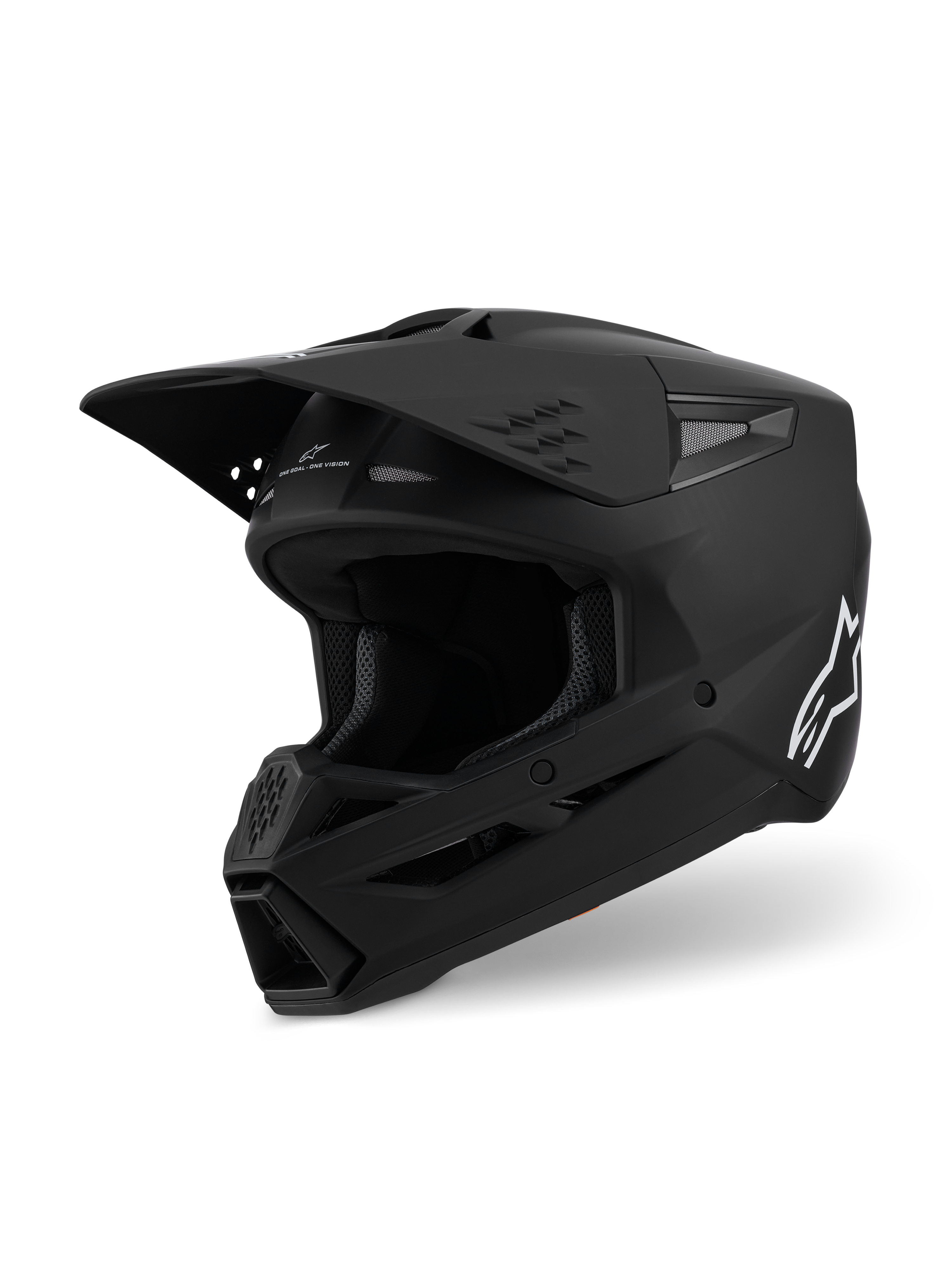 Casco Alpinestars S-M3 Solid ECE 22.06, casco da motocross, nero opaco, vista laterale a tre quarti con grande visiera e prese d'aria, calotta aerodinamica profilata con logo Alpinestars bianco, attrezzatura professionale per gare off-road