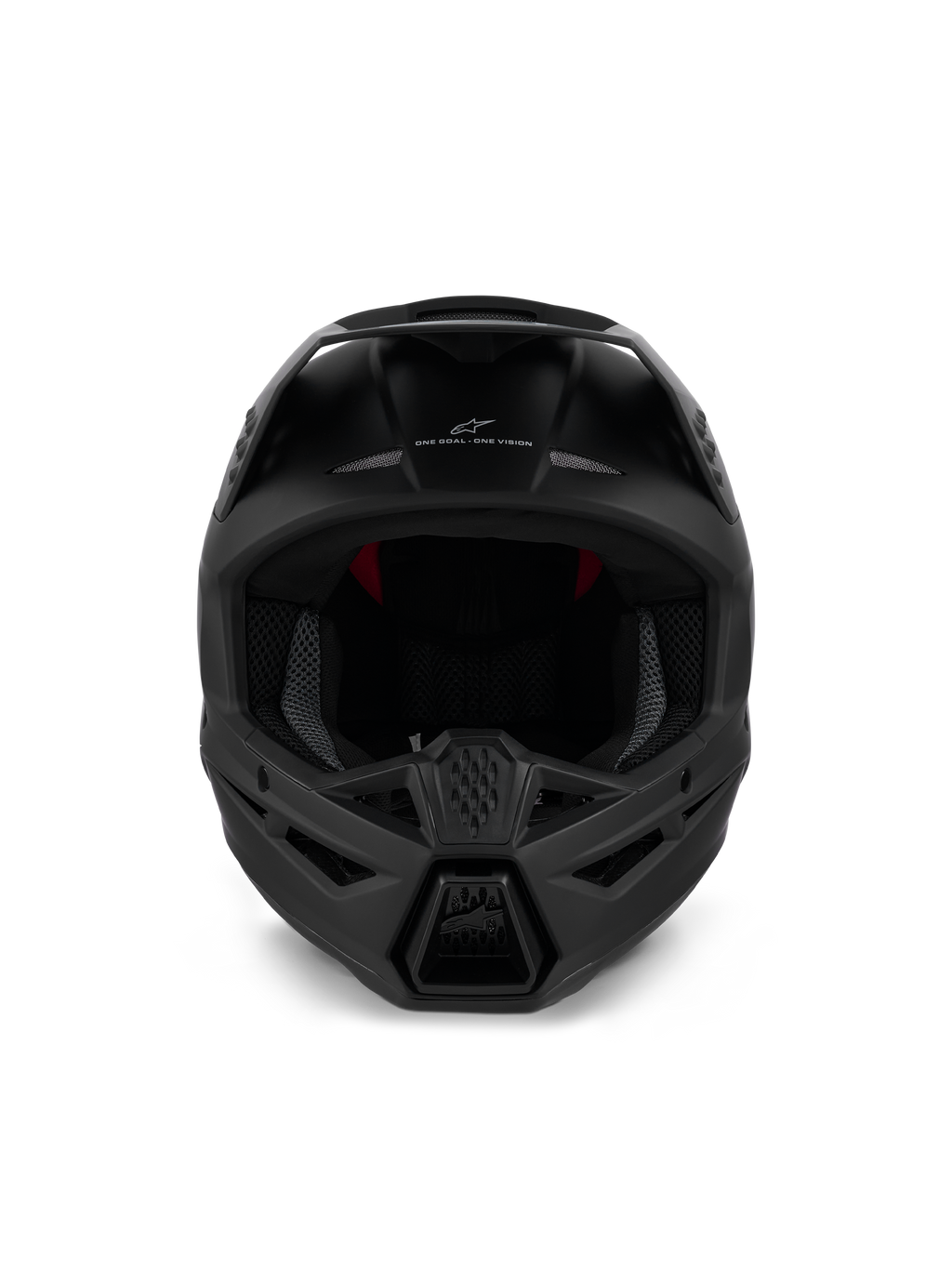 Alpinestars S-M3 Solid Helmet ECE 22.06, casco da motocross, nero opaco, vista frontale con ventilazione della mentoniera e branding 'ONE GOAL - ONE VISION', design aerodinamico per gare off-road