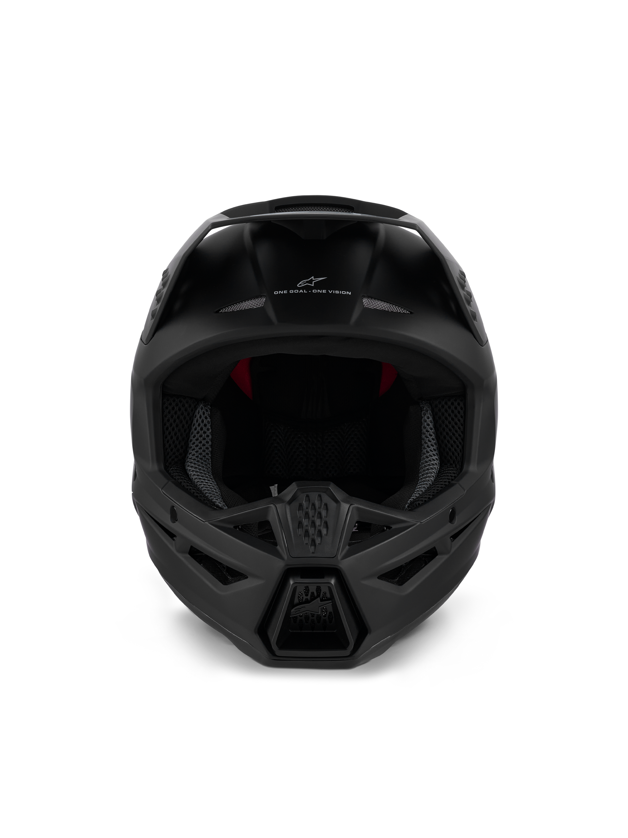 Alpinestars S-M3 Solid Helmet ECE 22.06, casco da motocross, nero opaco, vista frontale con ventilazione della mentoniera e branding 'ONE GOAL - ONE VISION', design aerodinamico per gare off-road