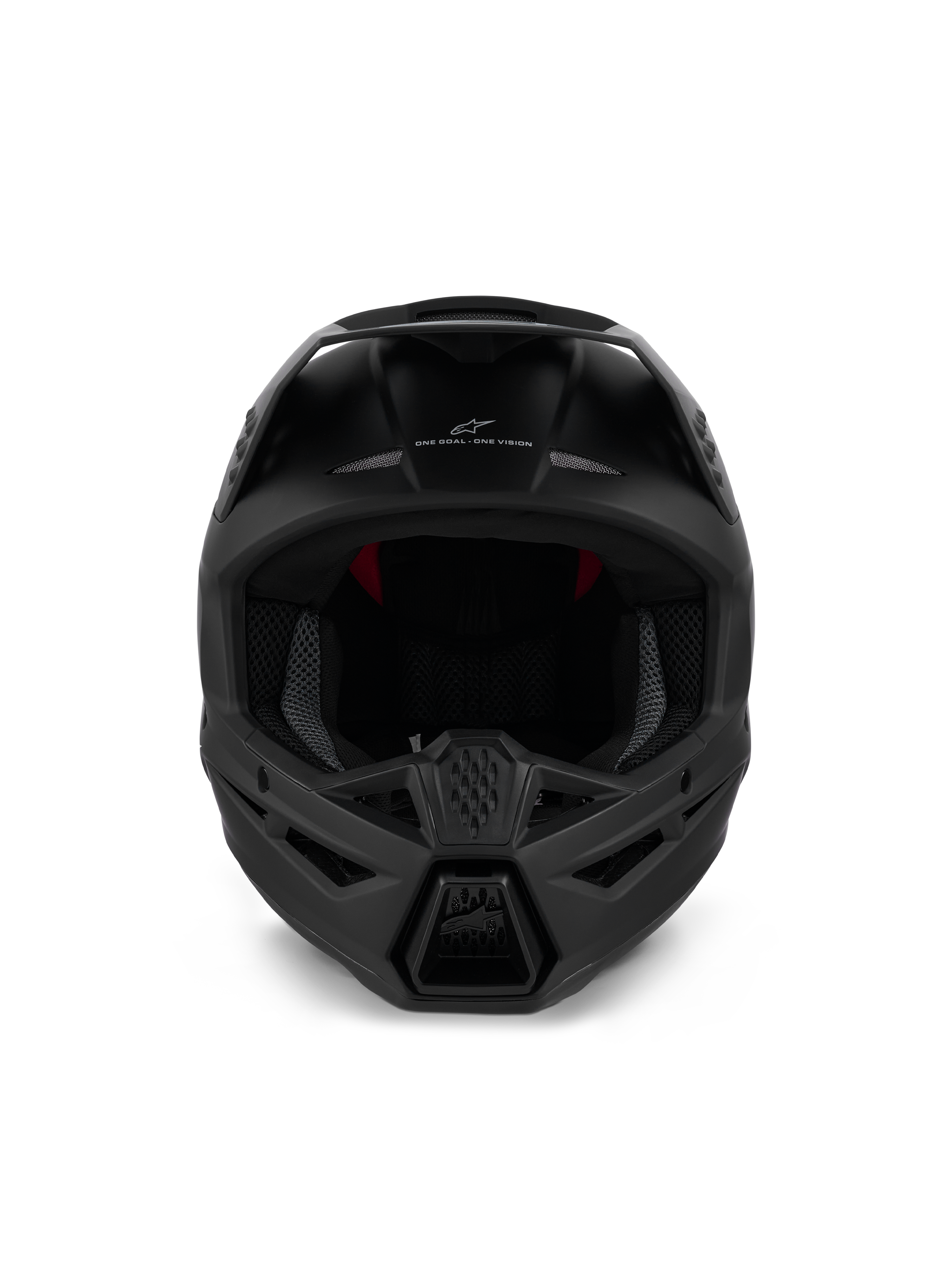 Alpinestars S-M3 Solid Helmet ECE 22.06, casco da motocross, nero opaco, vista frontale con ventilazione della mentoniera e branding 'ONE GOAL - ONE VISION', design aerodinamico per gare off-road