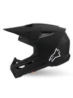 Alpinestars S-M3 Solid Helmet ECE 22.06, casco da motocross, nero opaco, vista di profilo con logo Astars bianco, design della calotta angolare con porte di ventilazione integrate e visiera protettiva, attrezzatura per prestazioni racing off-road