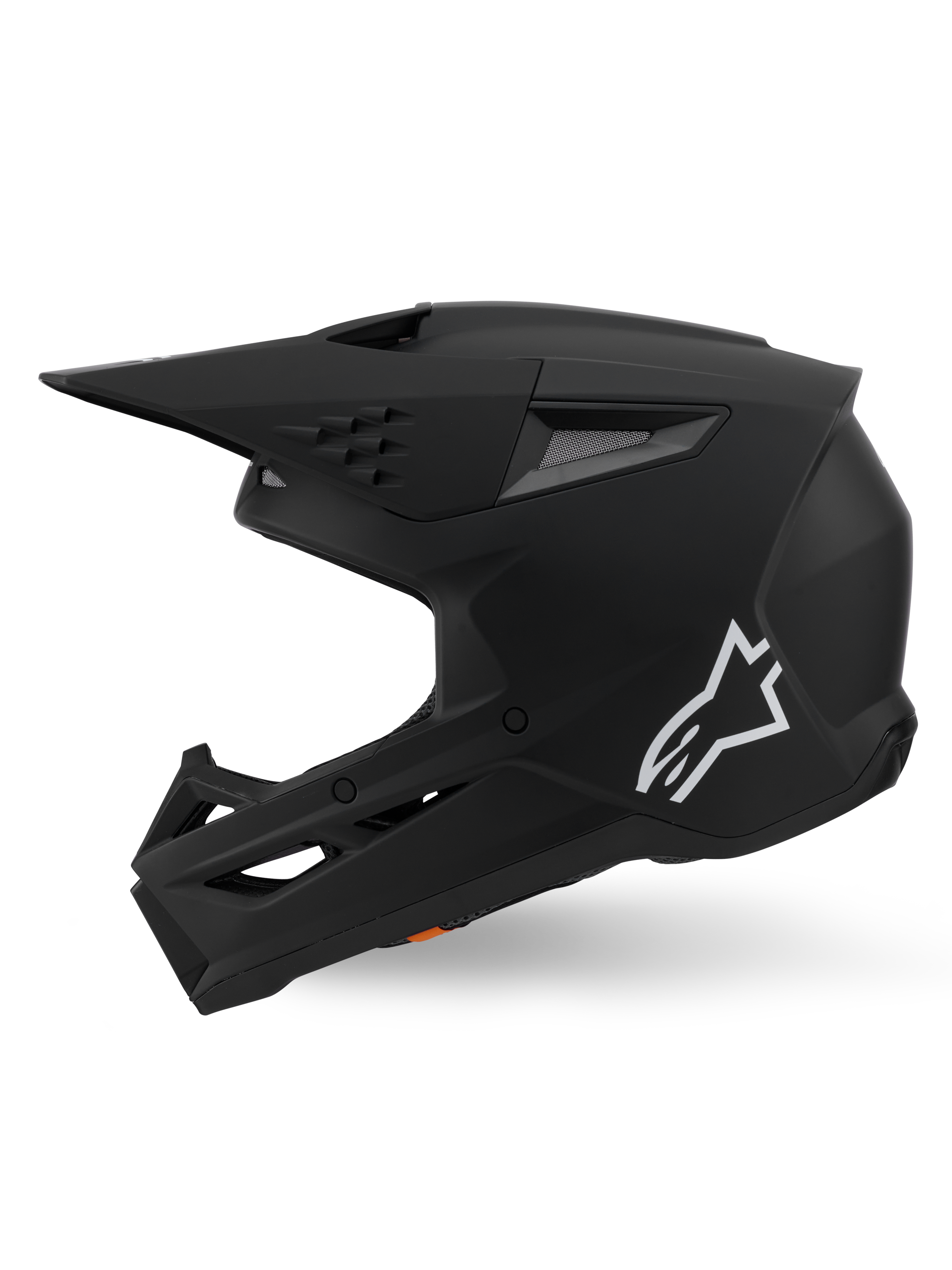 Alpinestars S-M3 Solid Helmet ECE 22.06, casco da motocross, nero opaco, vista di profilo con logo Astars bianco, design della calotta angolare con porte di ventilazione integrate e visiera protettiva, attrezzatura per prestazioni racing off-road
