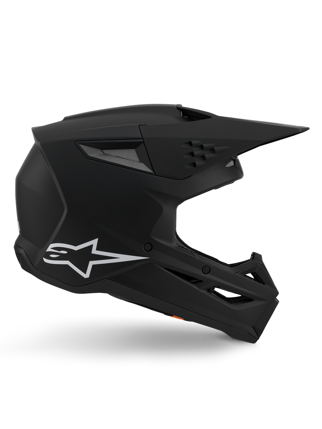 Casco Alpinestars S-M3 Solid, casco da motocross, finitura nero opaco, profilo laterale con logo Alpinestars bianco, calotta aerodinamica con molteplici porte di ventilazione e ampia visiera, protezione per la testa professionale per fuoristrada