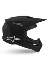 Casco Alpinestars S-M3 Solid, casco da motocross, finitura nero opaco, profilo laterale con logo Alpinestars bianco, calotta aerodinamica con molteplici porte di ventilazione e ampia visiera, protezione per la testa professionale per fuoristrada