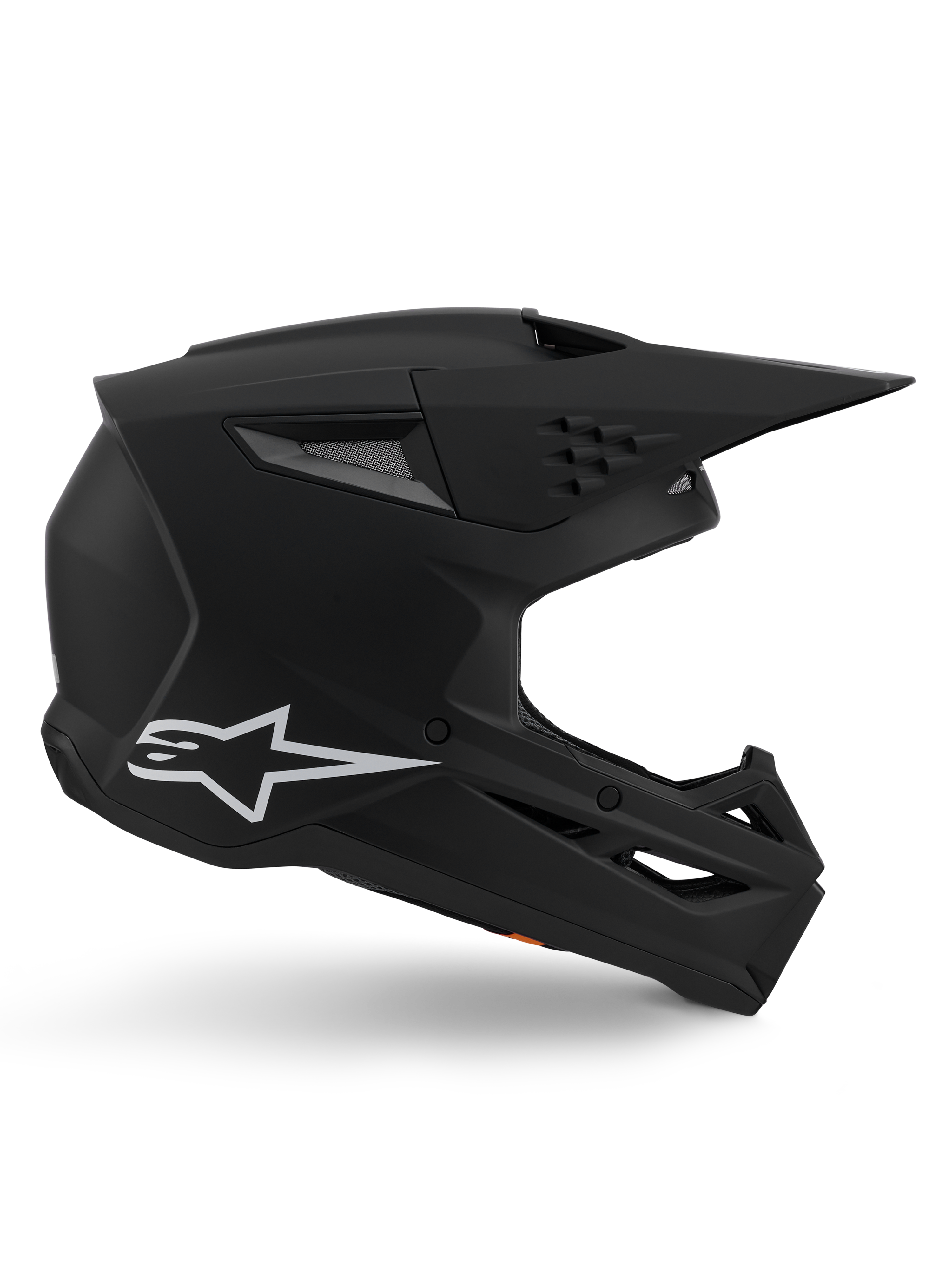 Casco Alpinestars S-M3 Solid, casco da motocross, finitura nero opaco, profilo laterale con logo Alpinestars bianco, calotta aerodinamica con molteplici porte di ventilazione e ampia visiera, protezione per la testa professionale per fuoristrada