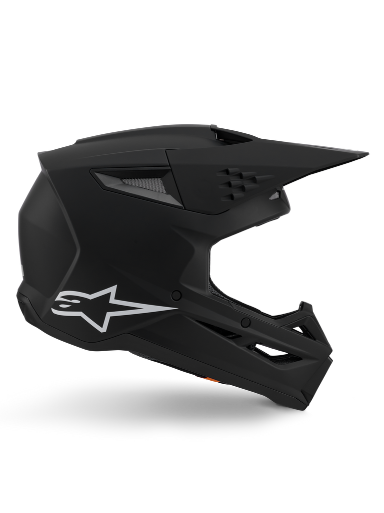 Casco Alpinestars S-M3 Solid, casco da motocross, finitura nero opaco, profilo laterale con logo Alpinestars bianco, calotta aerodinamica con molteplici porte di ventilazione e ampia visiera, protezione per la testa professionale per fuoristrada