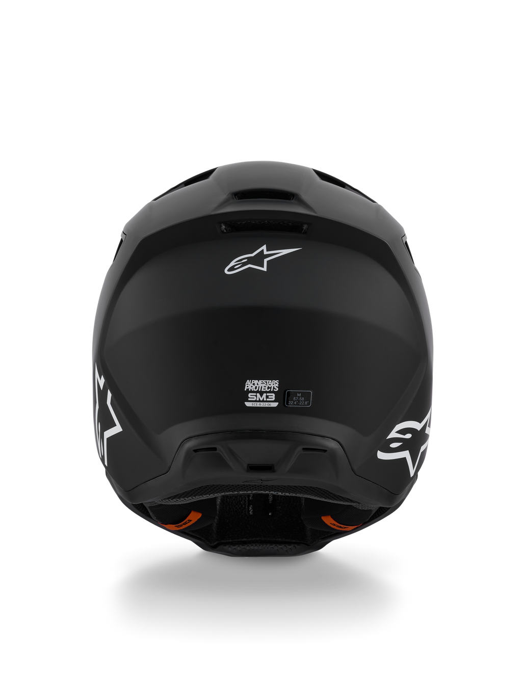 Alpinestars S-M3 Solid Helmet ECE 22.06, casco da motocross, nero opaco, vista posteriore con loghi Alpinestars Astar bianchi, estrattori di ventilazione alla base, finitura opaca per gare fuoristrada