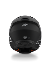 Alpinestars S-M3 Solid Helmet ECE 22.06, casco da motocross, nero opaco, vista posteriore con loghi Alpinestars Astar bianchi, estrattori di ventilazione alla base, finitura opaca per gare fuoristrada