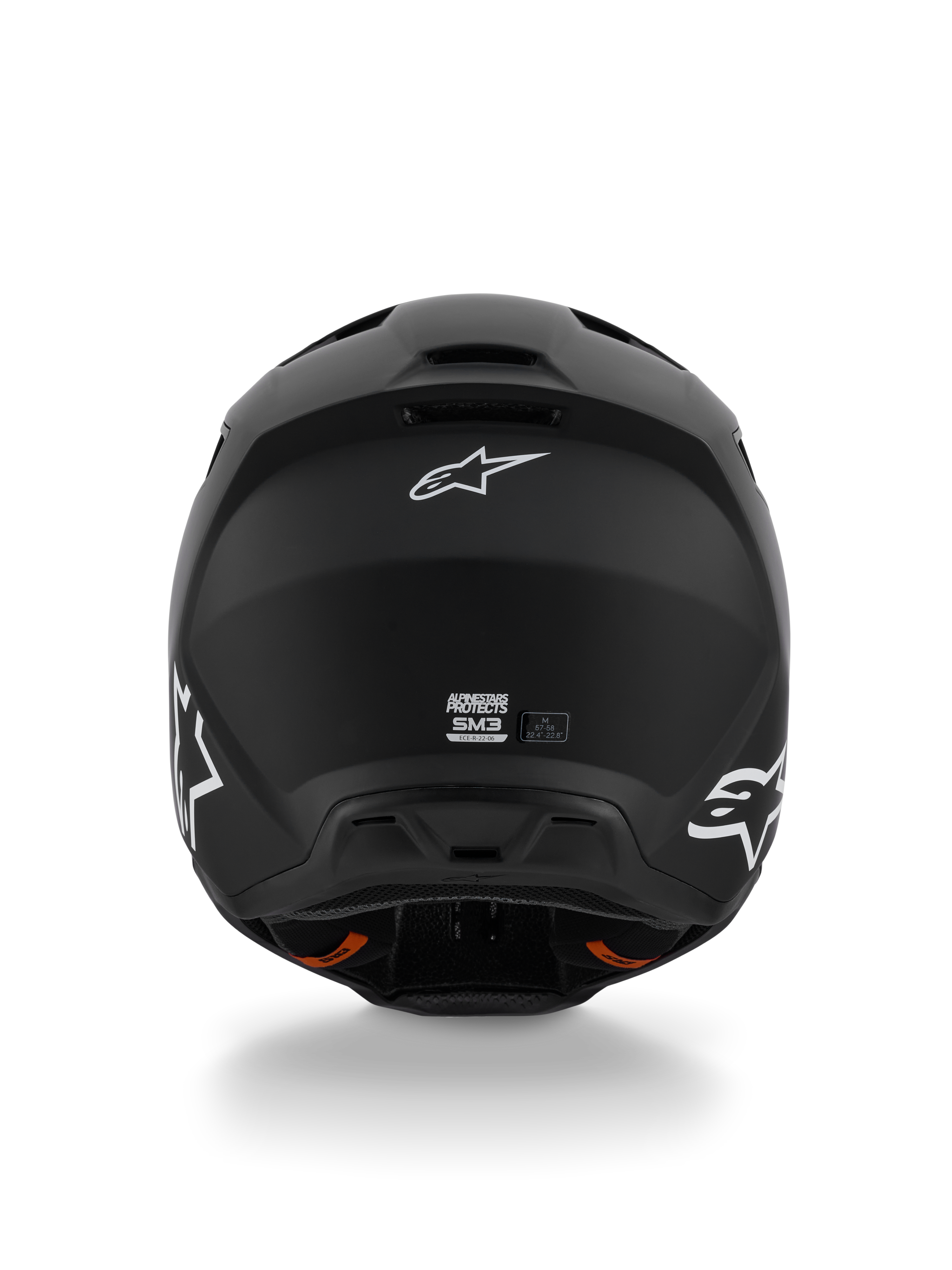 Alpinestars S-M3 Solid Helmet ECE 22.06, casco da motocross, nero opaco, vista posteriore con loghi Alpinestars Astar bianchi, estrattori di ventilazione alla base, finitura opaca per gare fuoristrada