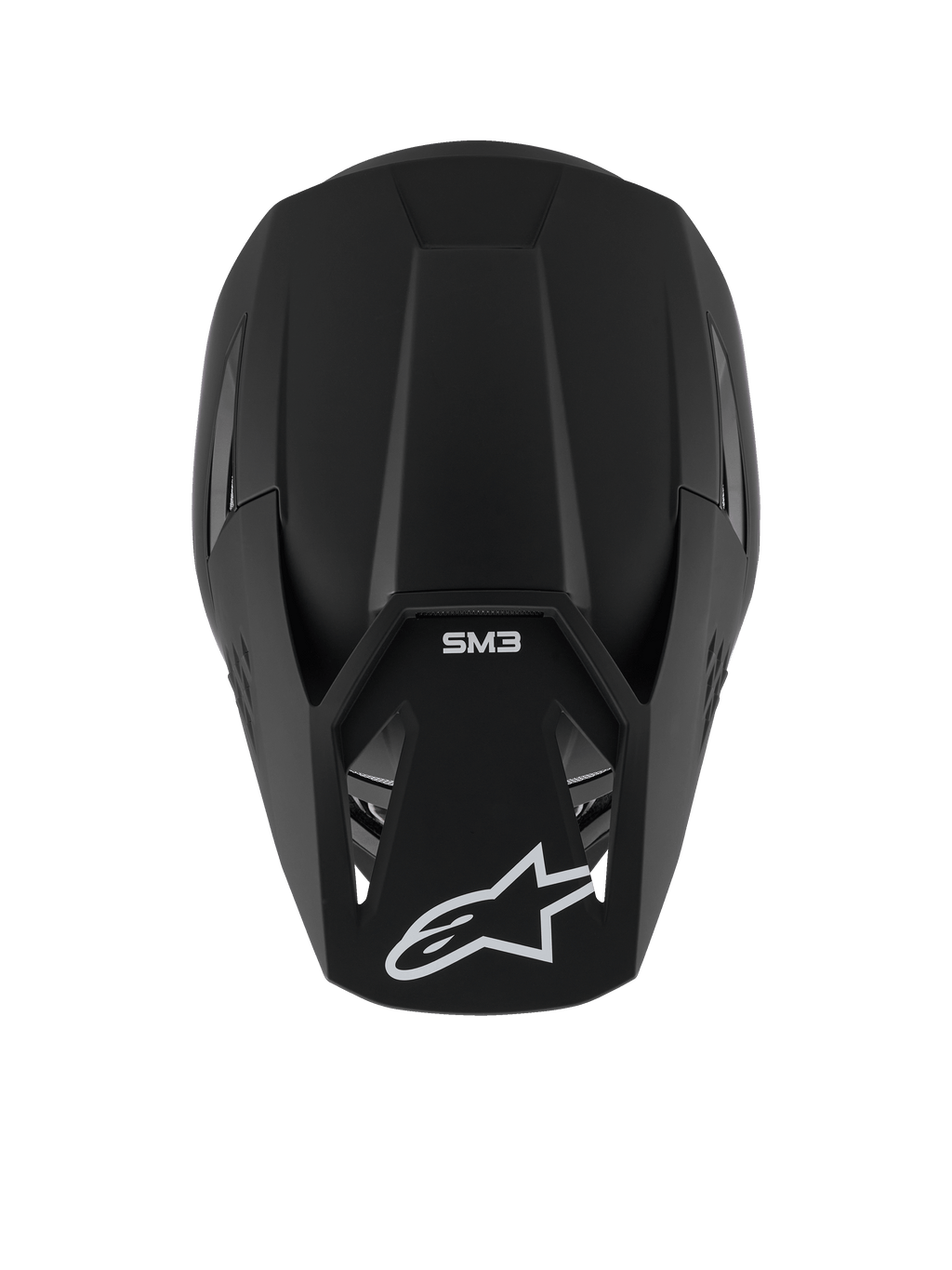 Casco Alpinestars S-M3 Solid, casco da motocross, nero opaco, vista dall'alto che mostra la finitura opaca e la calotta aerodinamica, con logo a stella Alpinestars bianco sulla visiera e marchio SM3, protezione premium per la testa per corse off-road