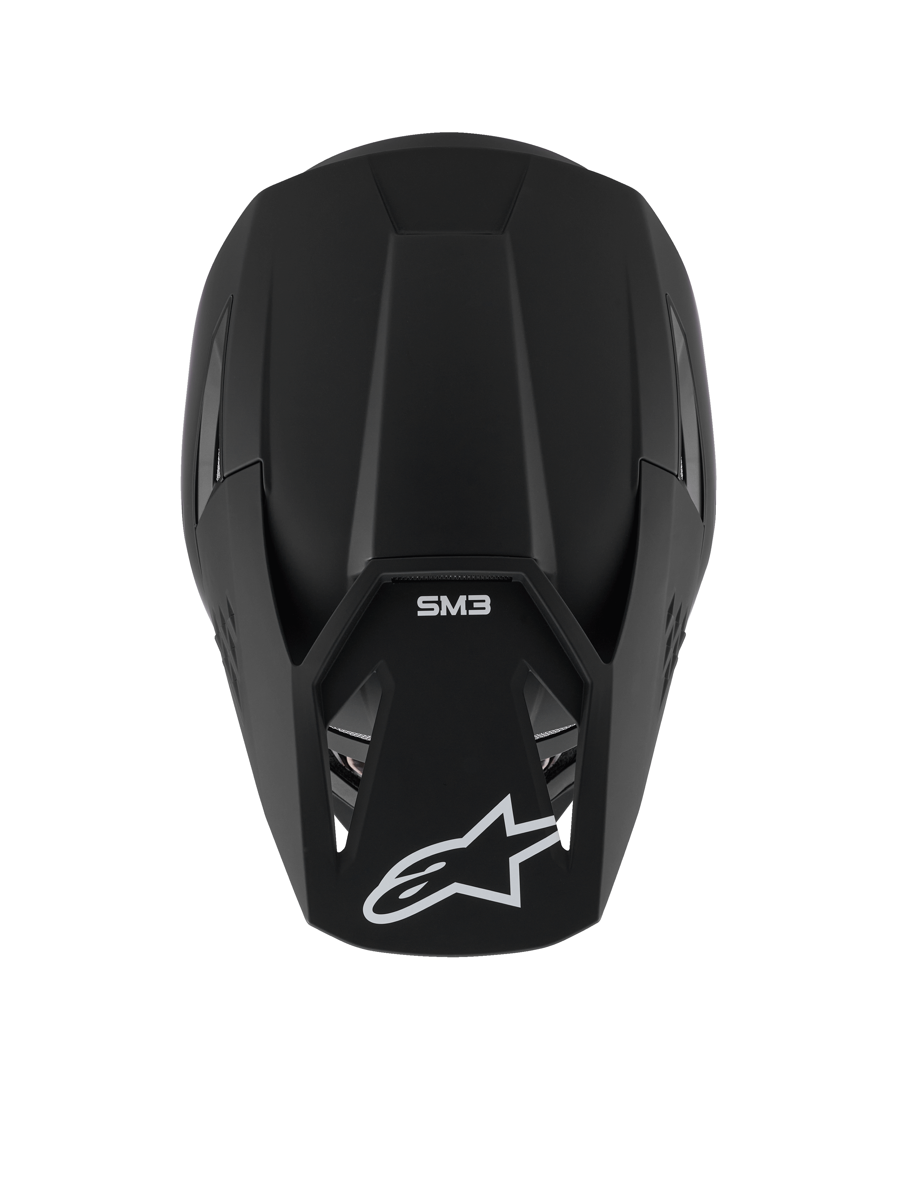 Casco Alpinestars S-M3 Solid, casco da motocross, nero opaco, vista dall'alto che mostra la finitura opaca e la calotta aerodinamica, con logo a stella Alpinestars bianco sulla visiera e marchio SM3, protezione premium per la testa per corse off-road