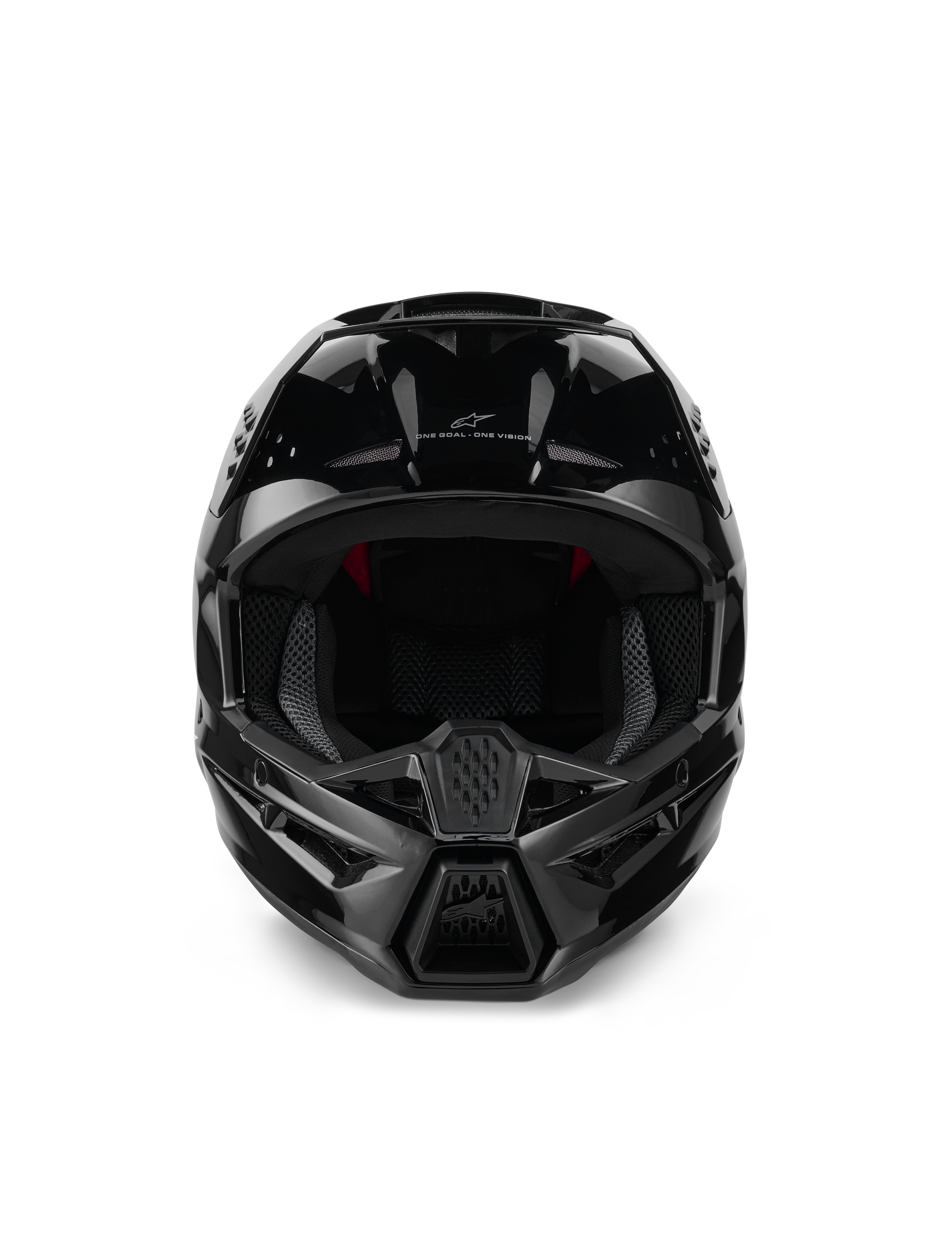 Alpinestars S-M3 Solid Helmet ECE 22.06, casco da motocross, nero lucido, vista frontale che mostra le prese d'aria, calotta aerodinamica elegante con finitura lucida, con logo Alpinestars e marchio 'One Goal. One Vision.'