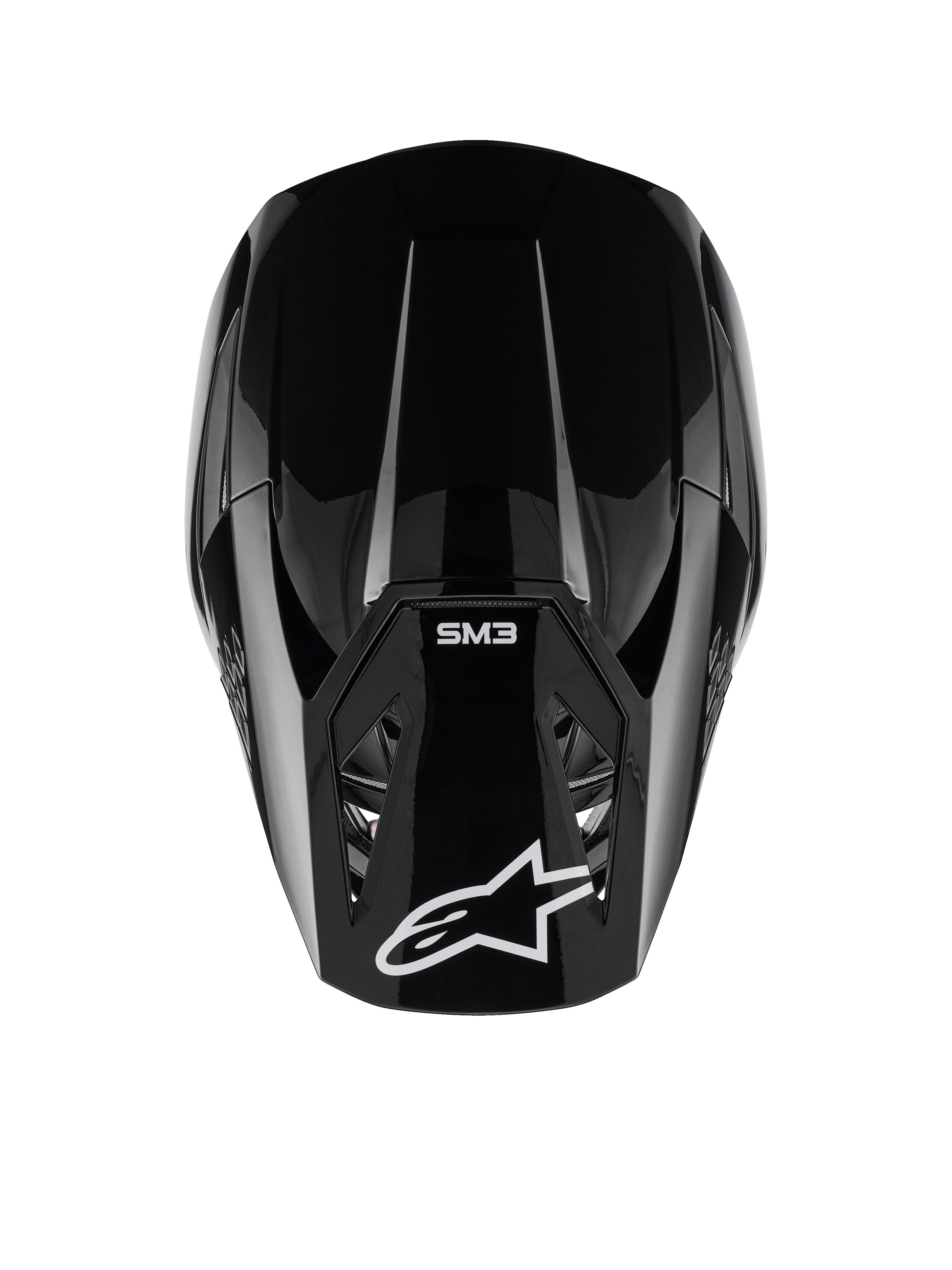 Casco Alpinestars S-M3 Solid, casco da motocross, nero lucido, vista dall'alto con logo Alpinestars bianco e marchio SM3 sulla visiera, design aerodinamico, protezione professionale per fuoristrada