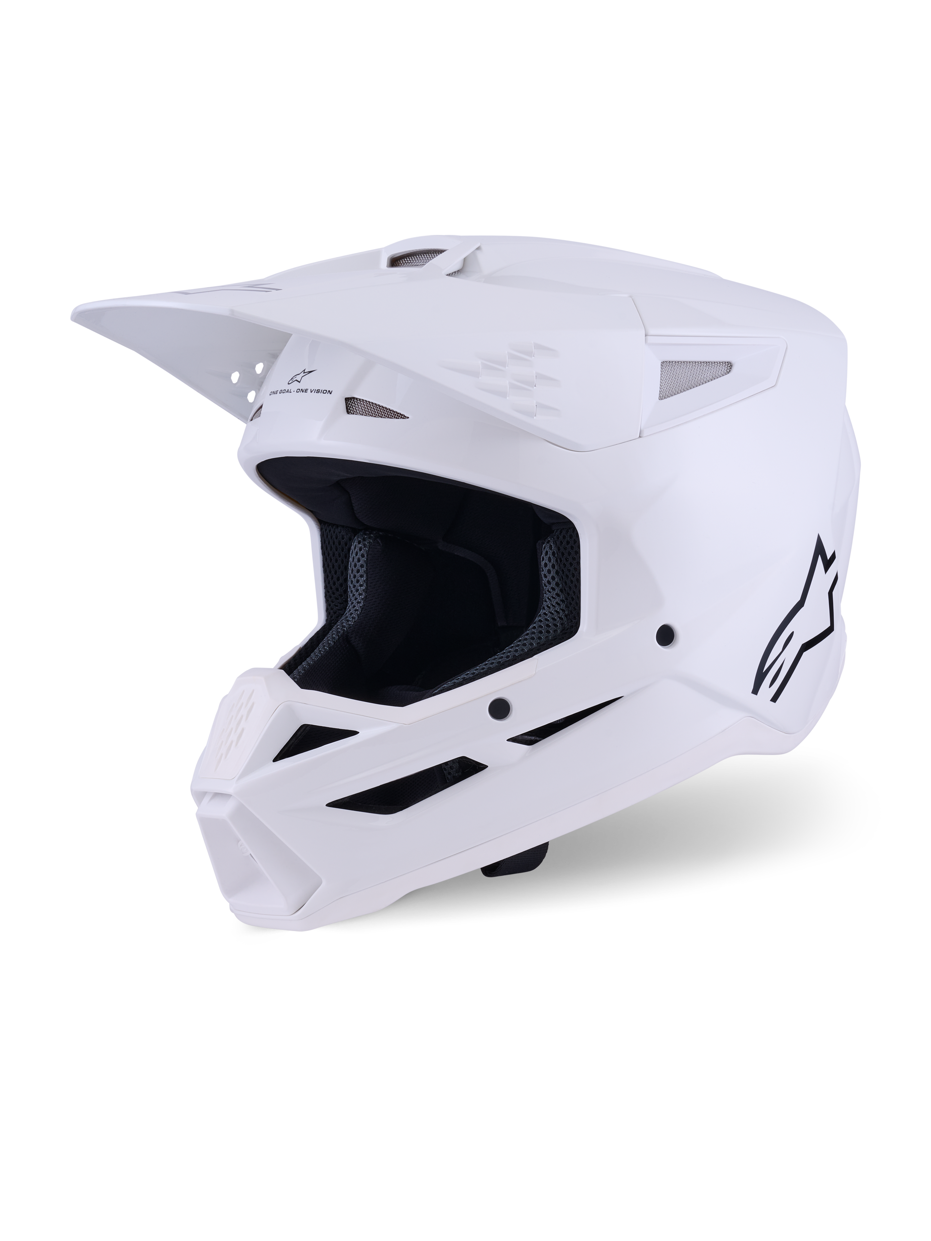 Casco Alpinestars S-M3 Solid, casco da motocross, bianco lucido, protezione integrale per la testa da fuoristrada con visiera prominente, prese d'aria multiple e logo Alpinestars nero sul profilo laterale