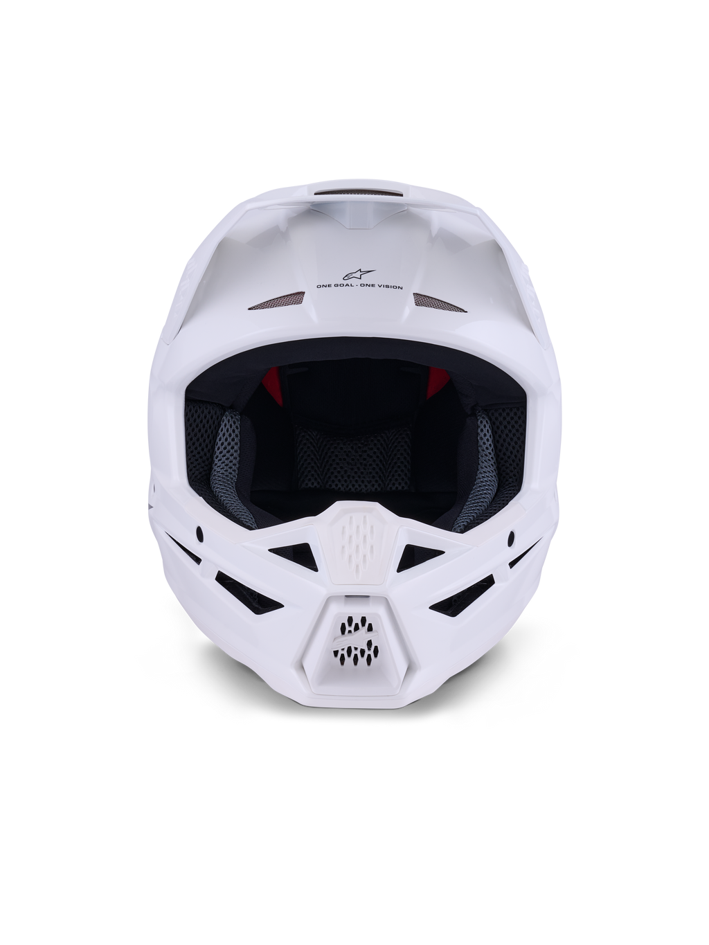 Casco Alpinestars S-M3 Solid ECE 22.06, casco da motocross, bianco lucido, vista frontale con molteplici prese d'aria sulla mentoniera e sulla fronte, calotta aerodinamica con visiera, marchio 'ONE GOAL - ONE VISION' e fodera interna in rete per la protezione off-road.